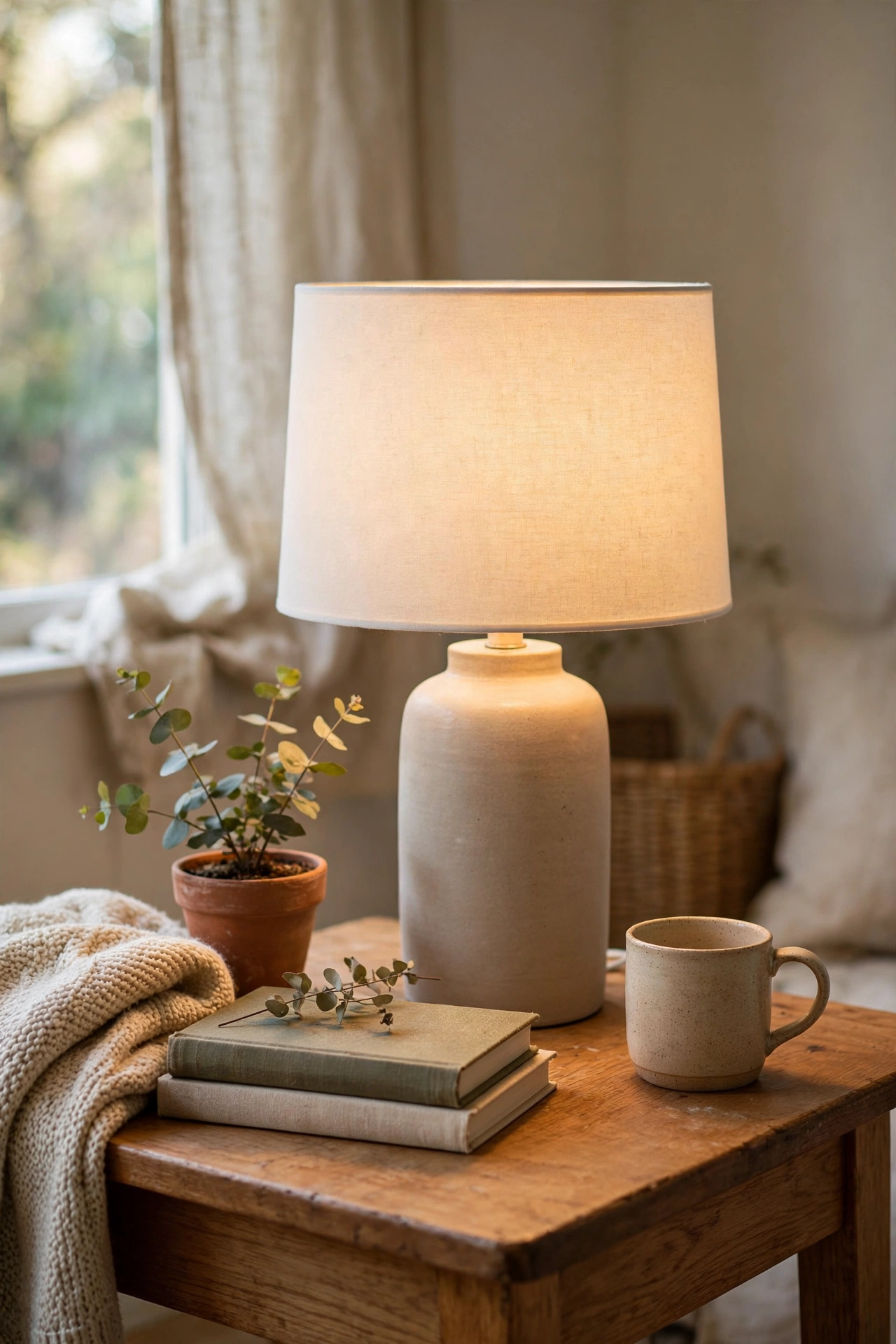 Table lamp with a new cream linen drum shade in a warm living room