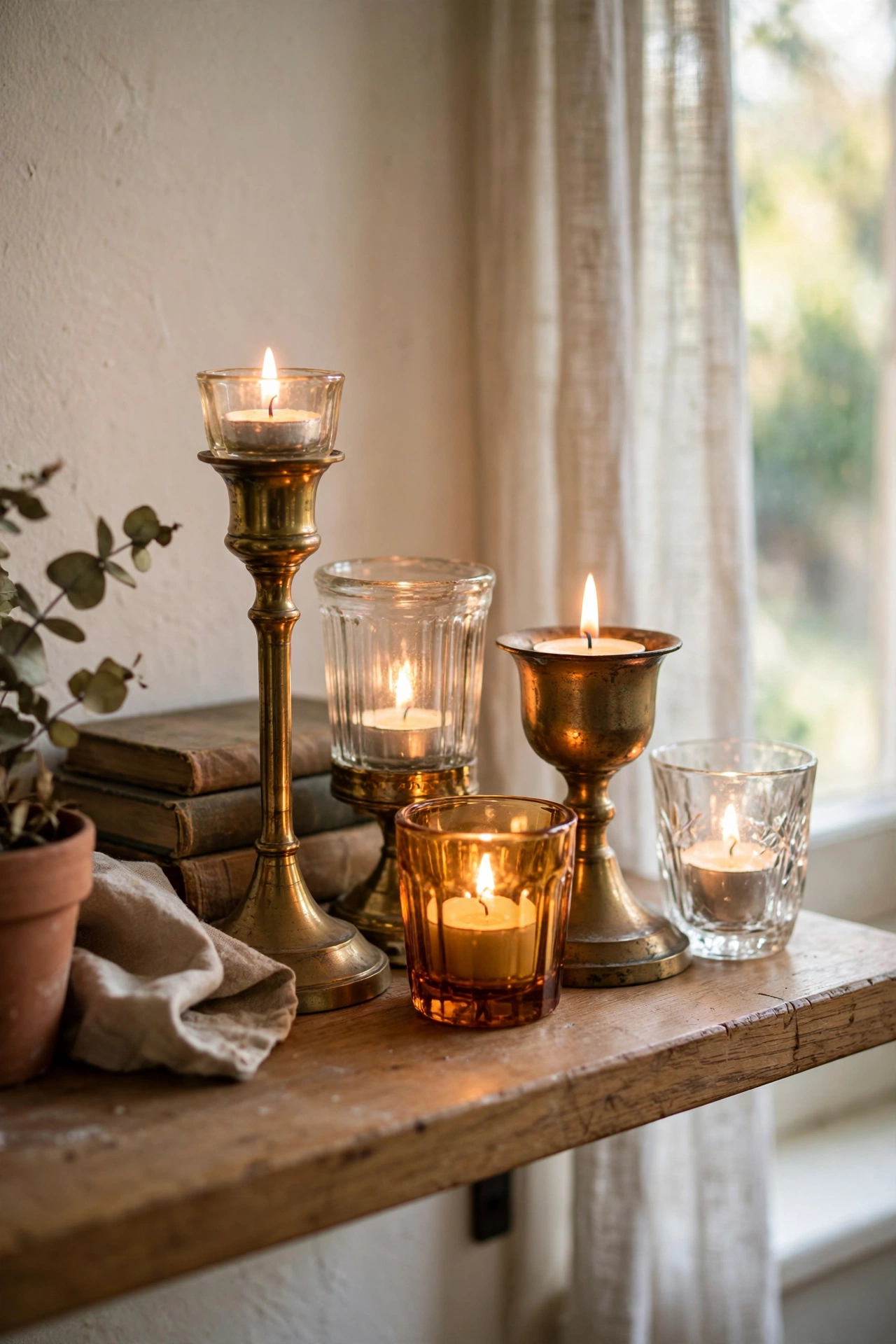 Cluster of glass and brass candle holders glowing on a living room shelf