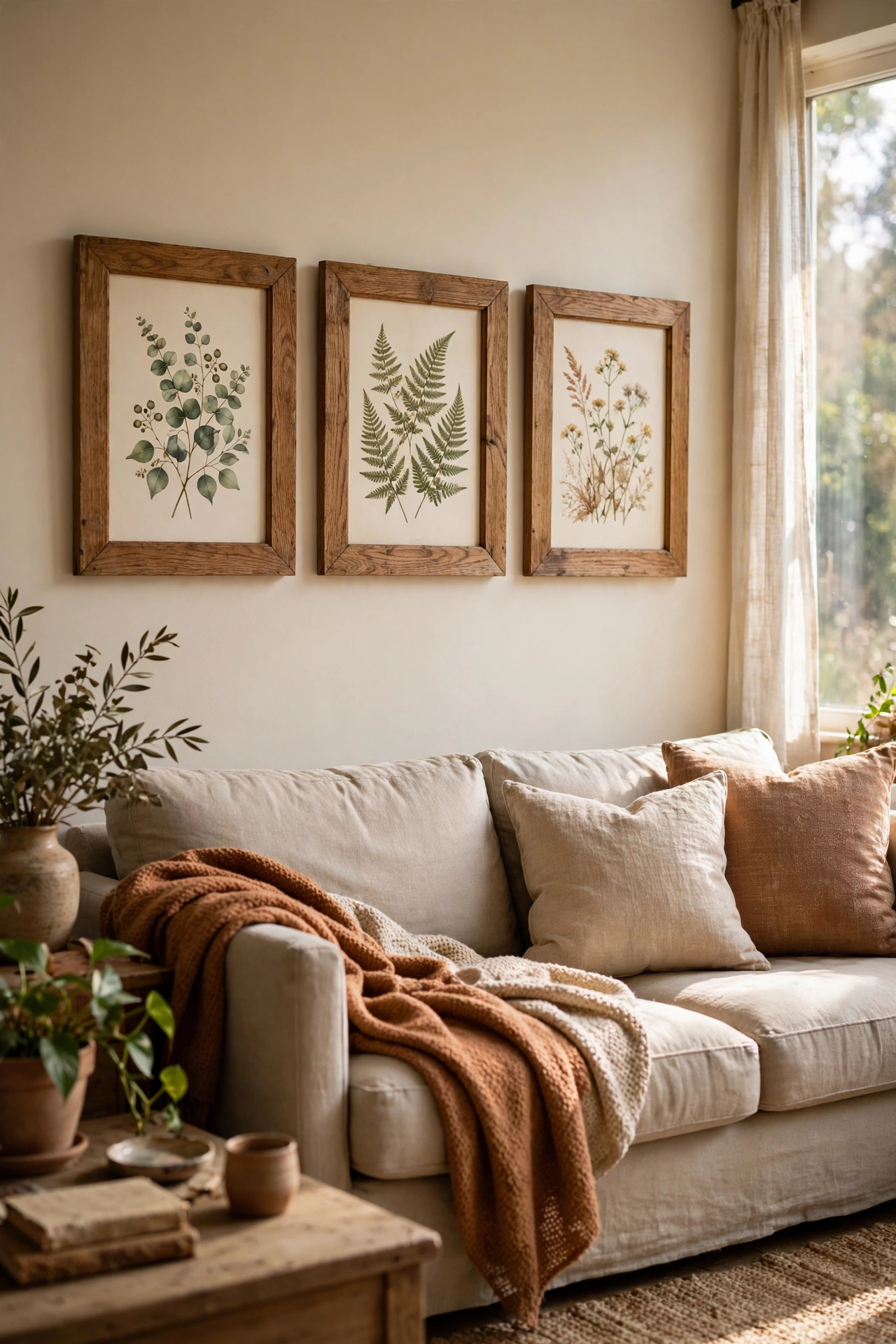 Three thrifted wooden frames with botanical prints hung above a sofa