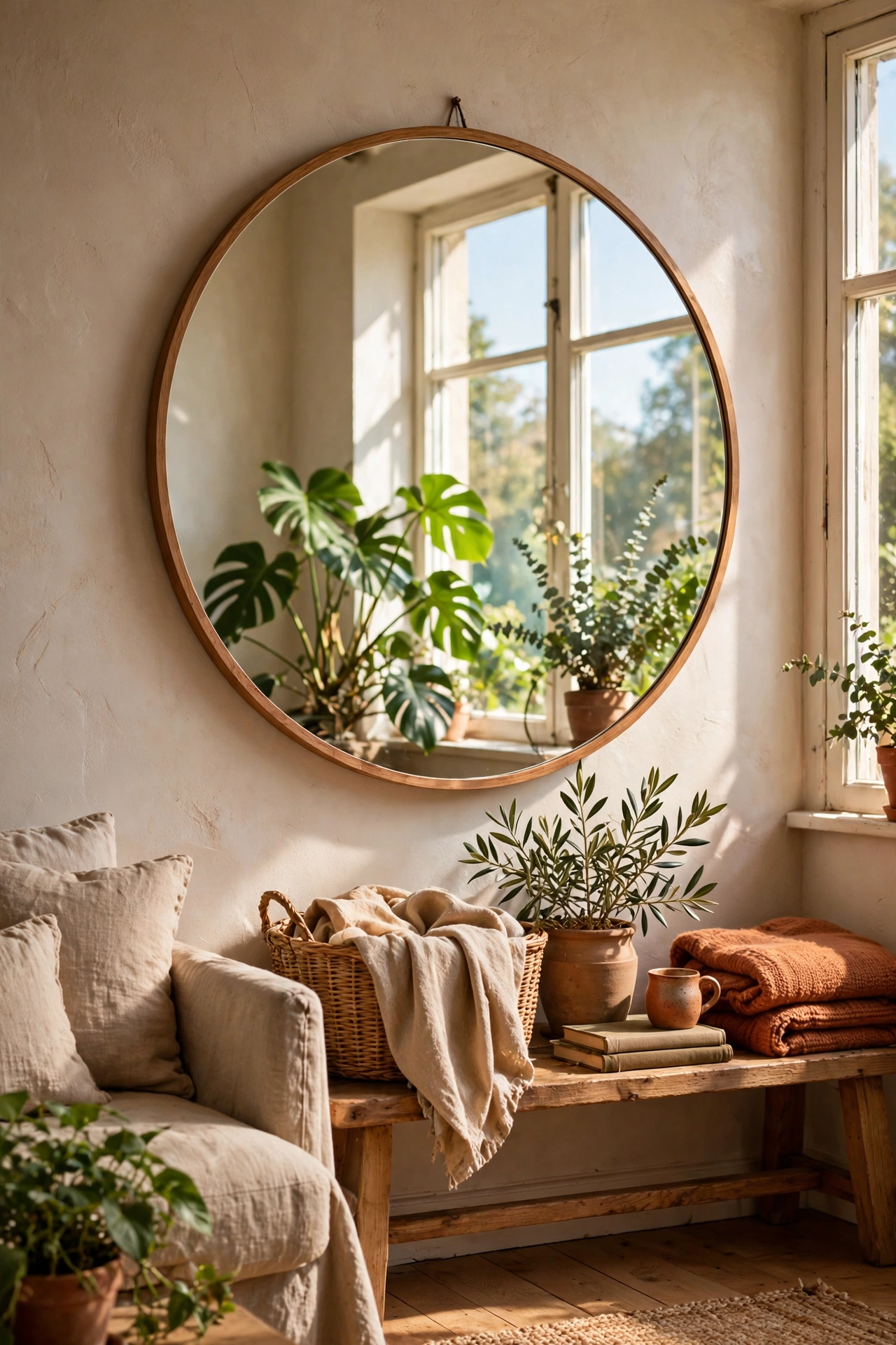 Large round thrifted mirror with wooden frame hung opposite a window