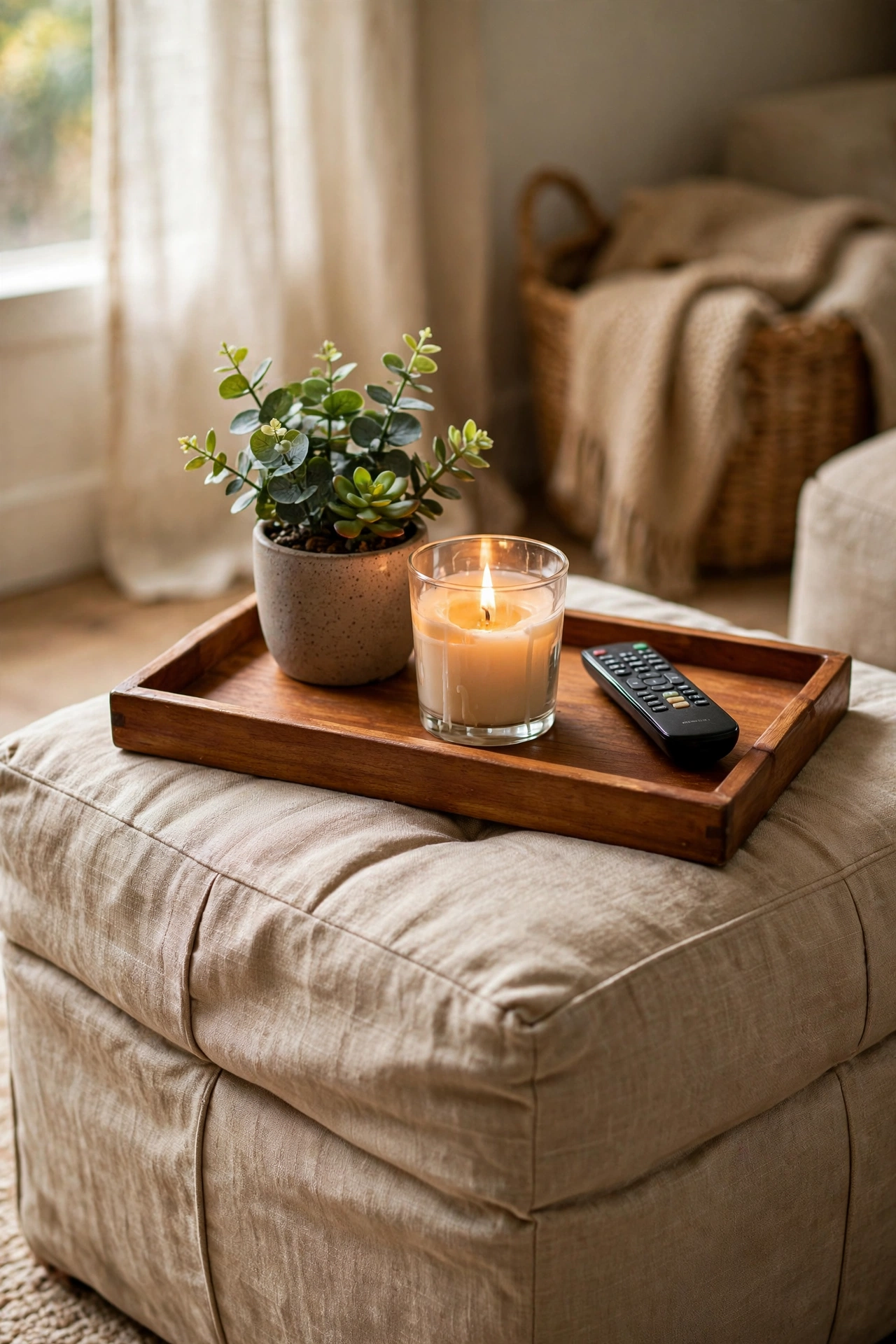 Wooden serving tray with candle and plant styled on an ottoman