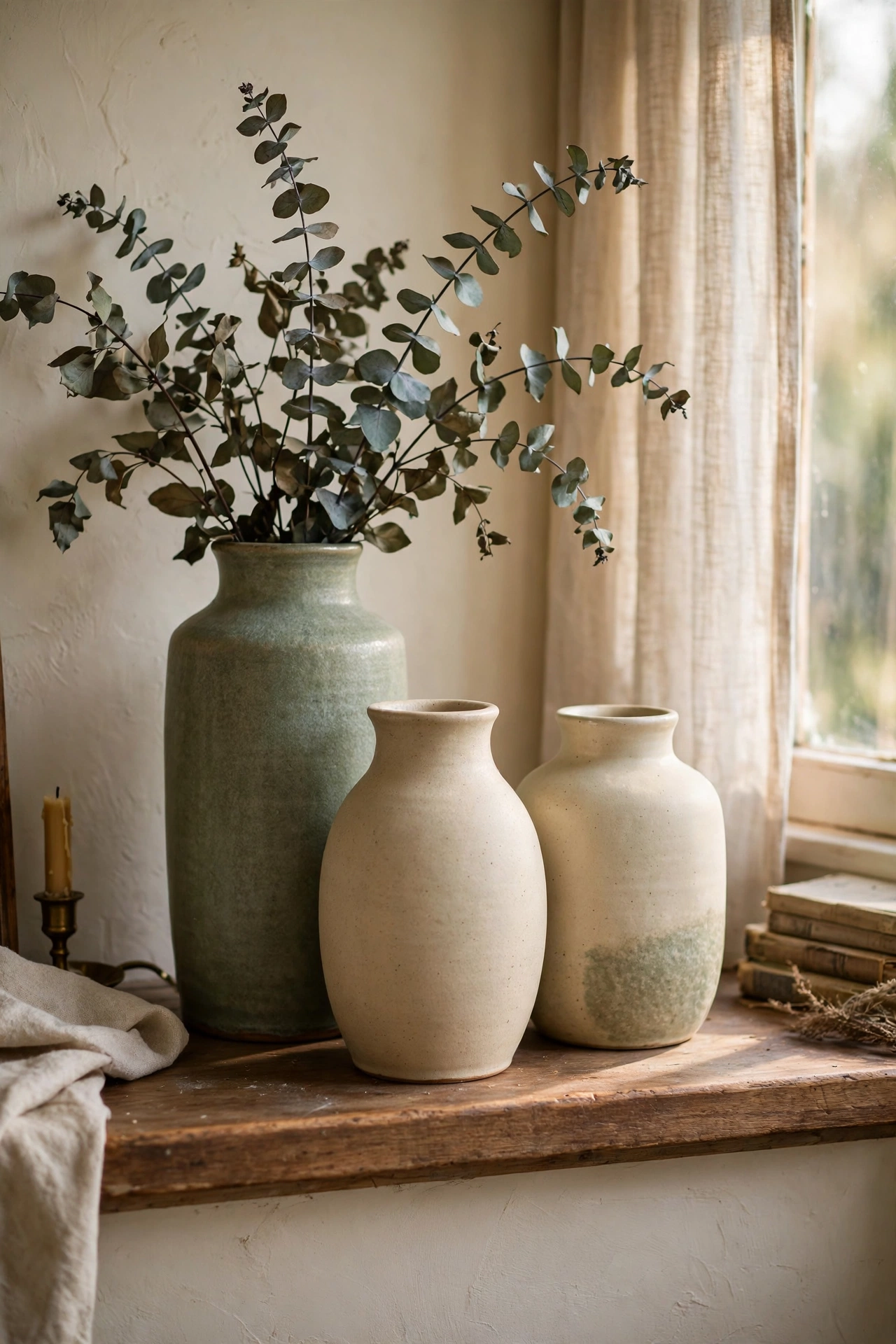 Three ceramic vases in cream and sage of mixed heights on a mantel
