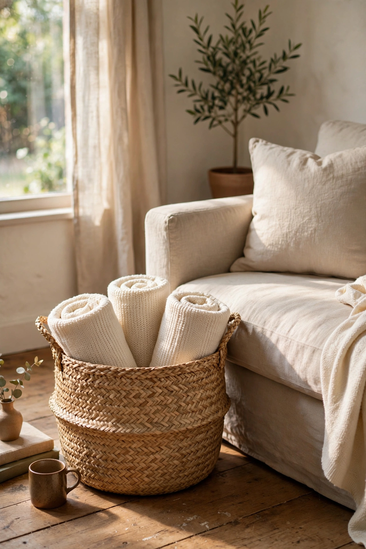 Large seagrass basket holding rolled throws beside a sofa