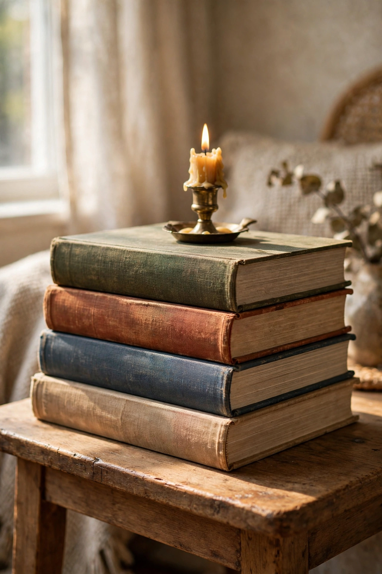 Stack of thrifted coffee table books with a candle on a side table