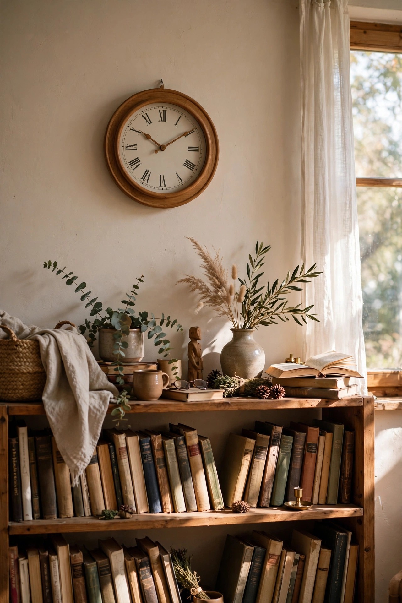 Classic wooden-framed wall clock hung above a bookshelf