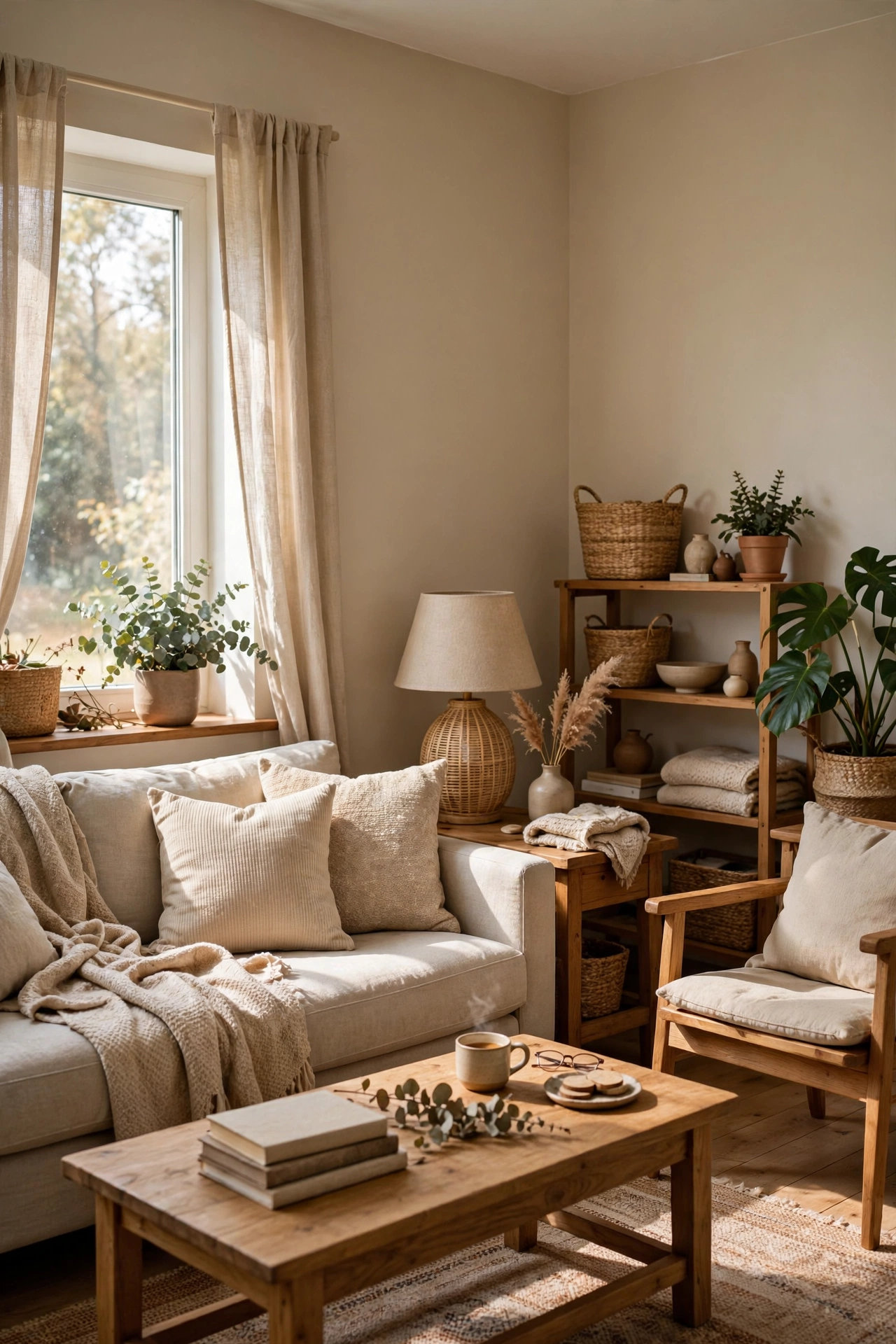 Living room walls painted warm beige with neutral furniture