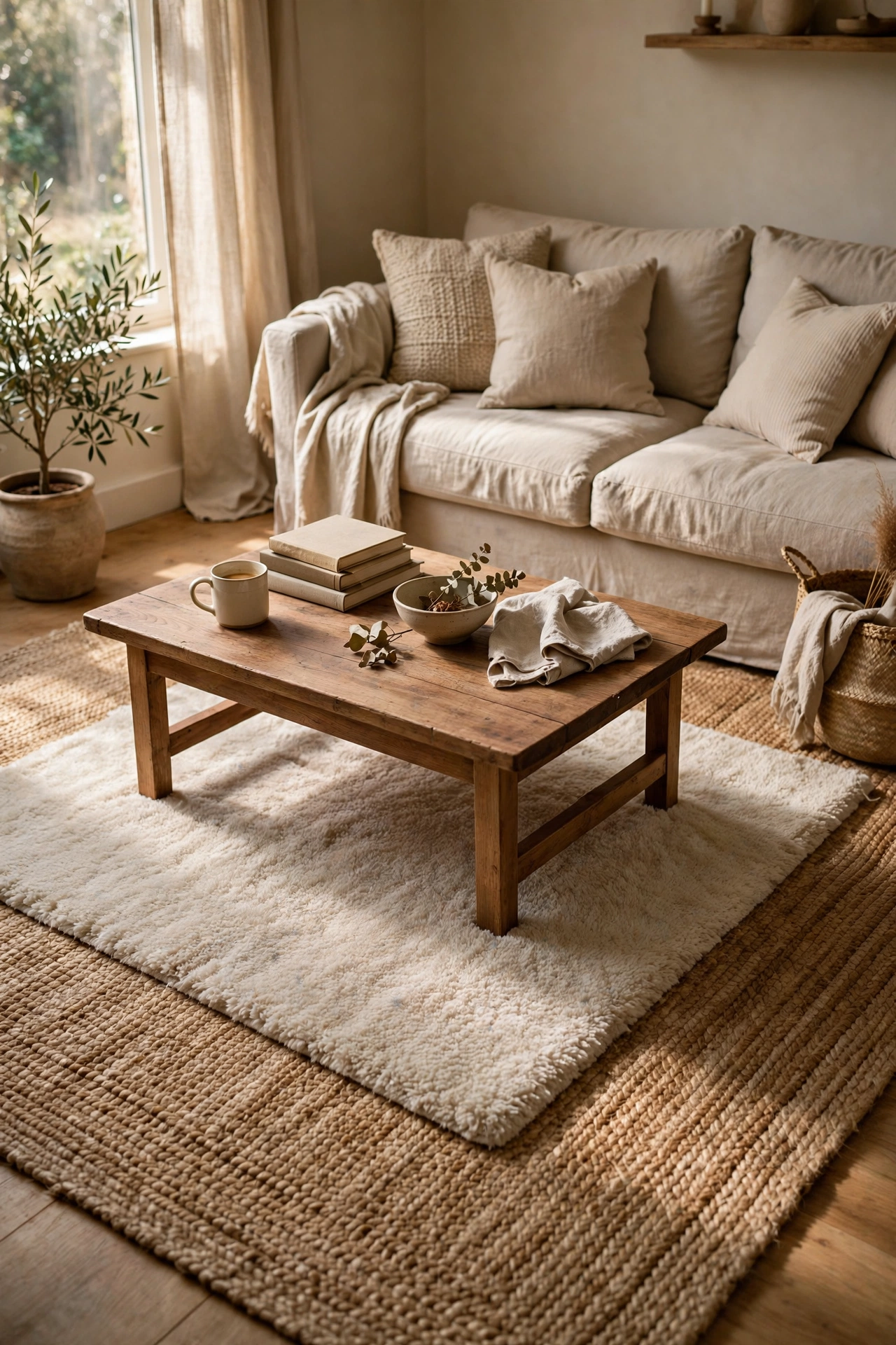 Two layered beige rugs under a coffee table in a calm living room