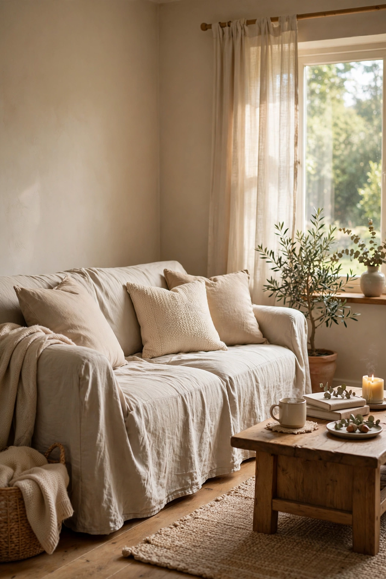 Slipcovered sofa in oatmeal linen in a beige living room