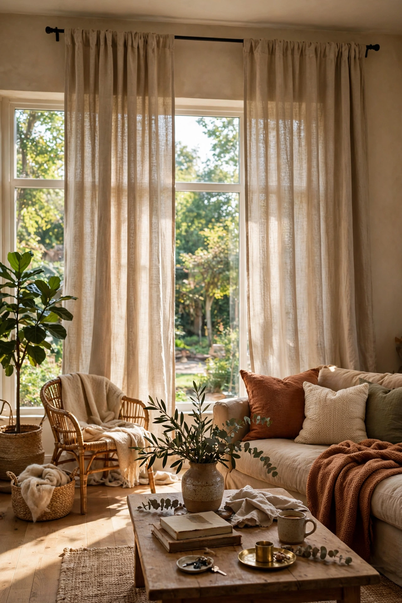 Beige linen curtains hung high and wide over a living room window