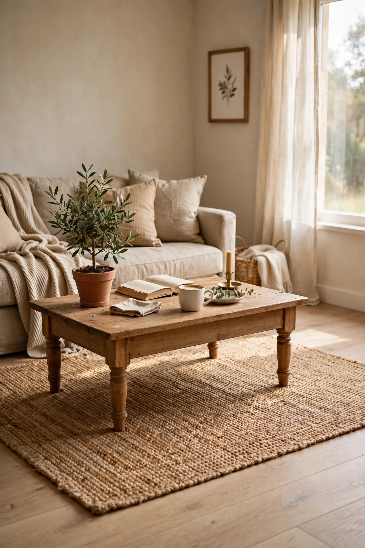 Natural jute rug under a coffee table on a wooden floor