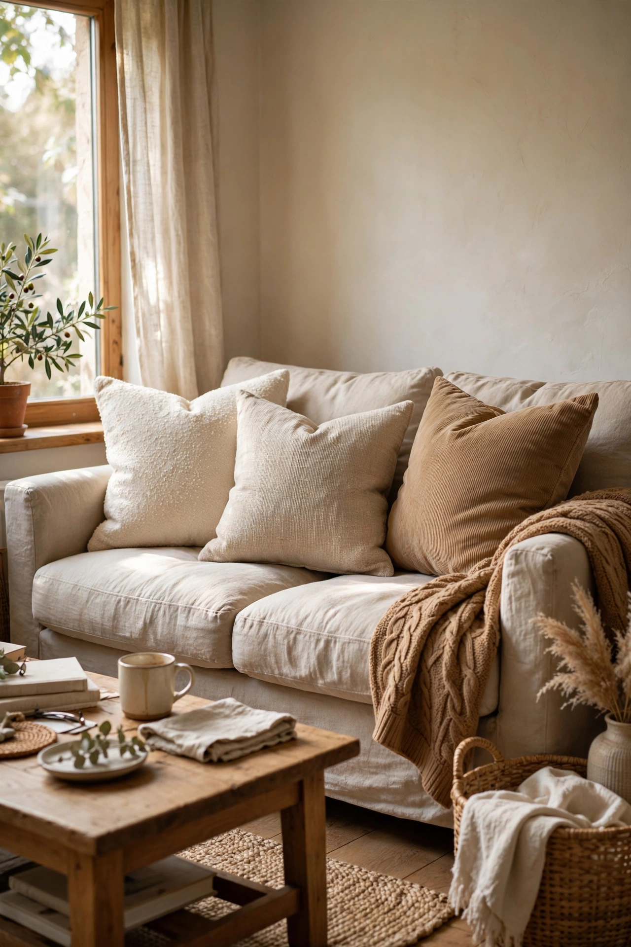 Sofa with cushions in three beige tones, cream oatmeal and camel