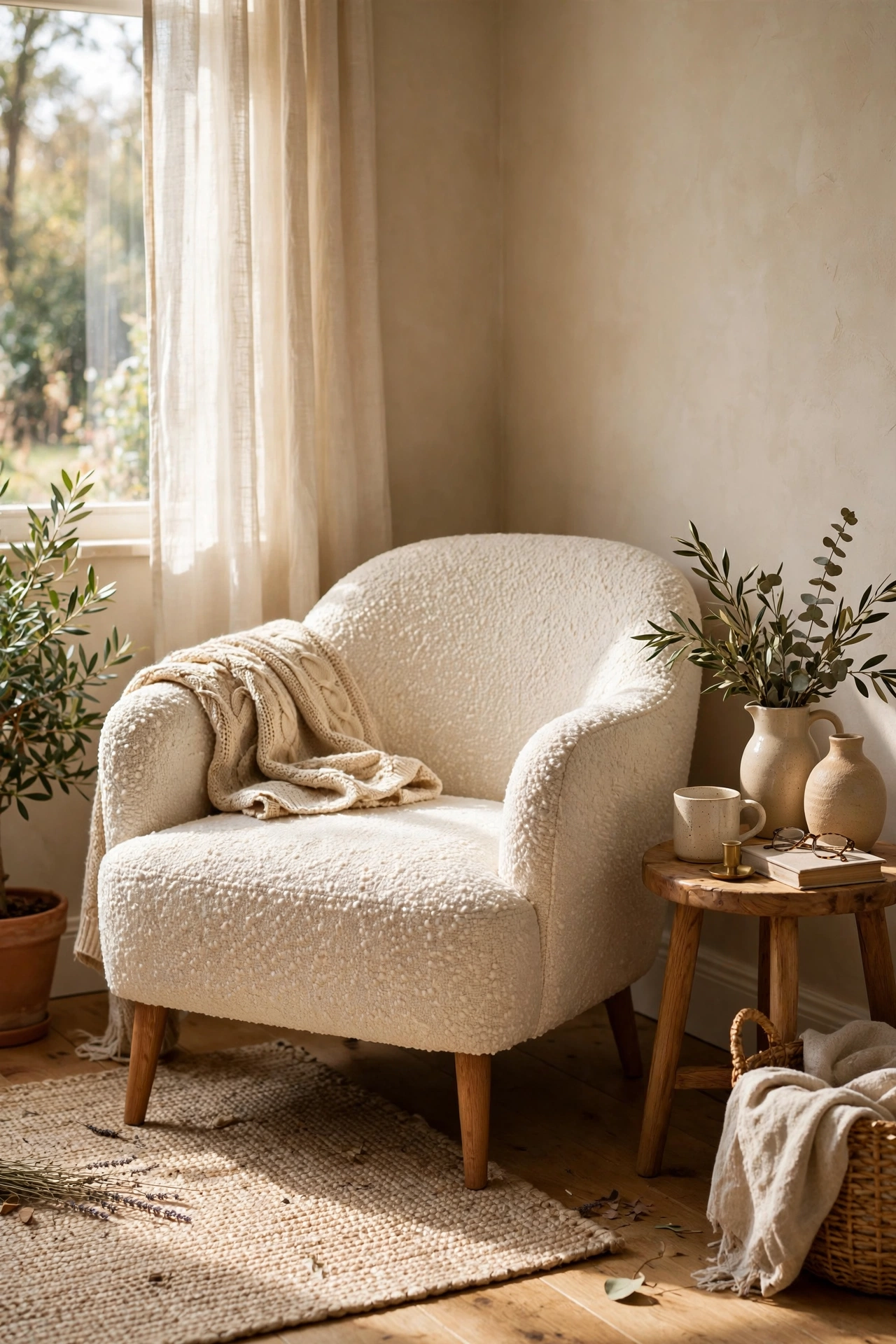 Cream boucle accent chair in the corner of a beige living room