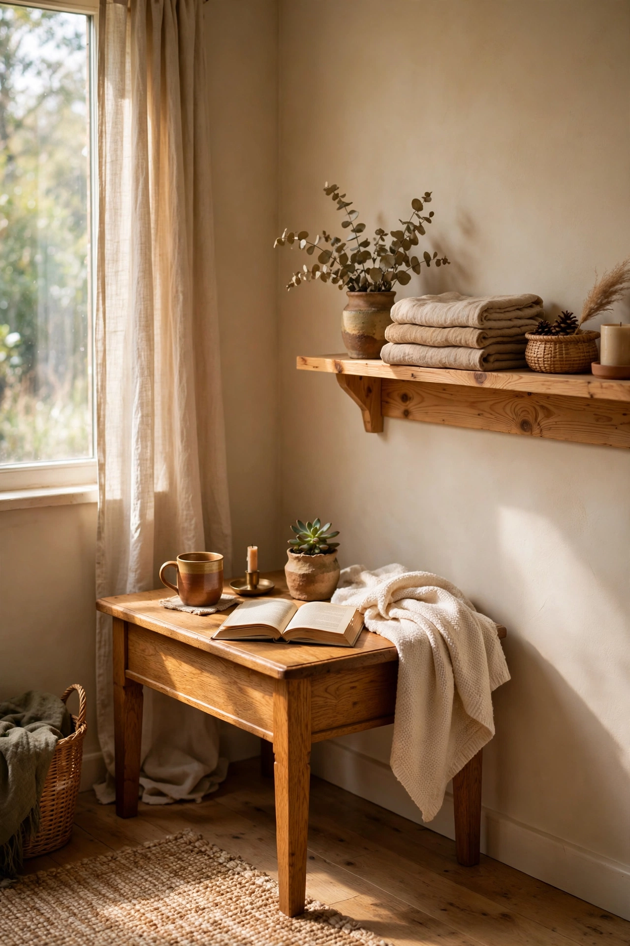 Warm wood side table and shelf against beige living room walls