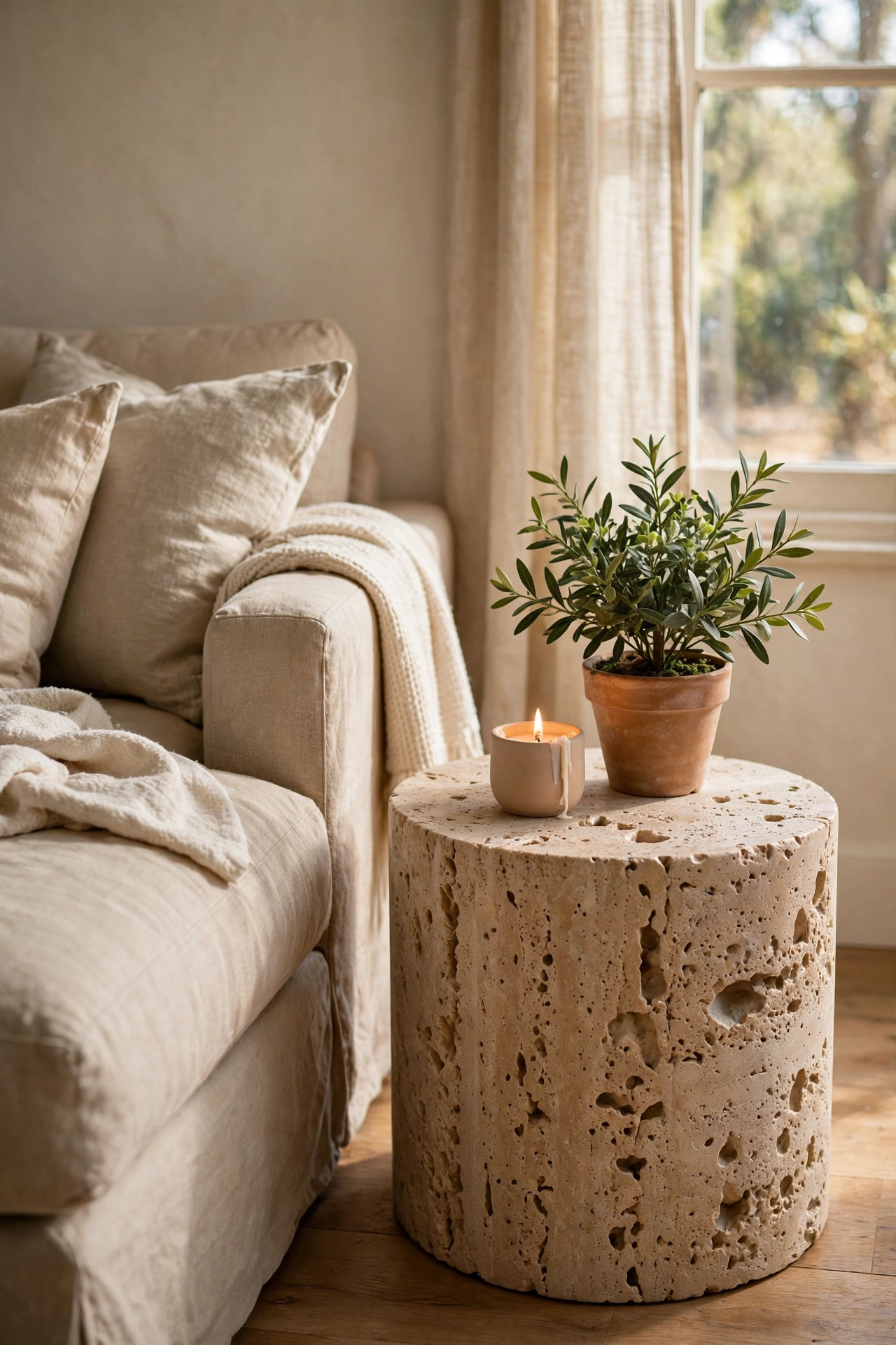 Small round travertine-look side table beside a beige sofa