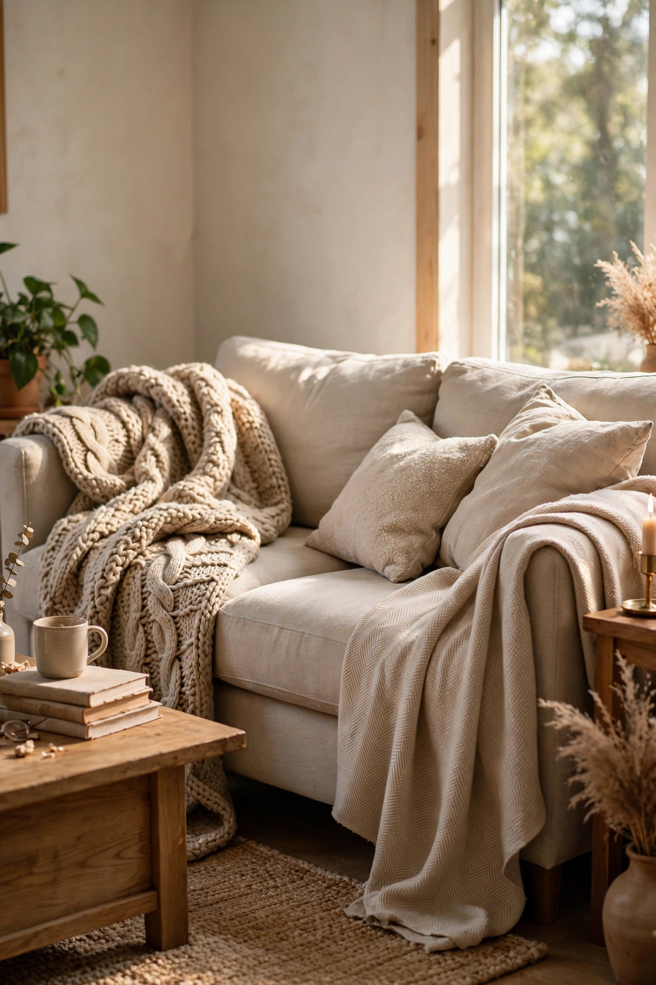 Two beige throws in knit and woven textures draped on a sofa