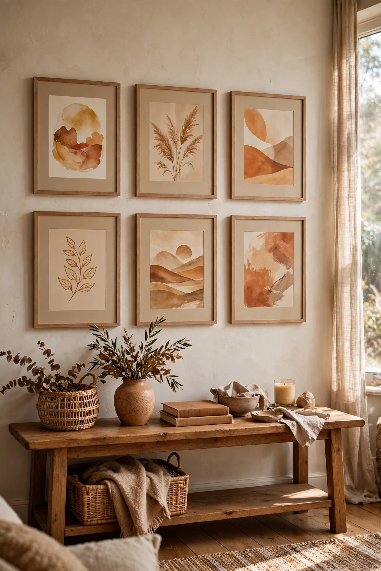 Gallery wall with beige matted frames above a console table
