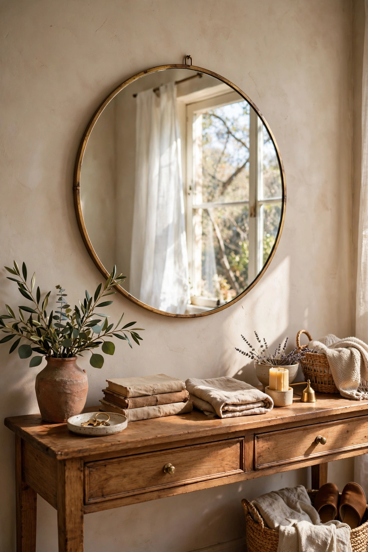 Round mirror with thin brass frame hung above a console table