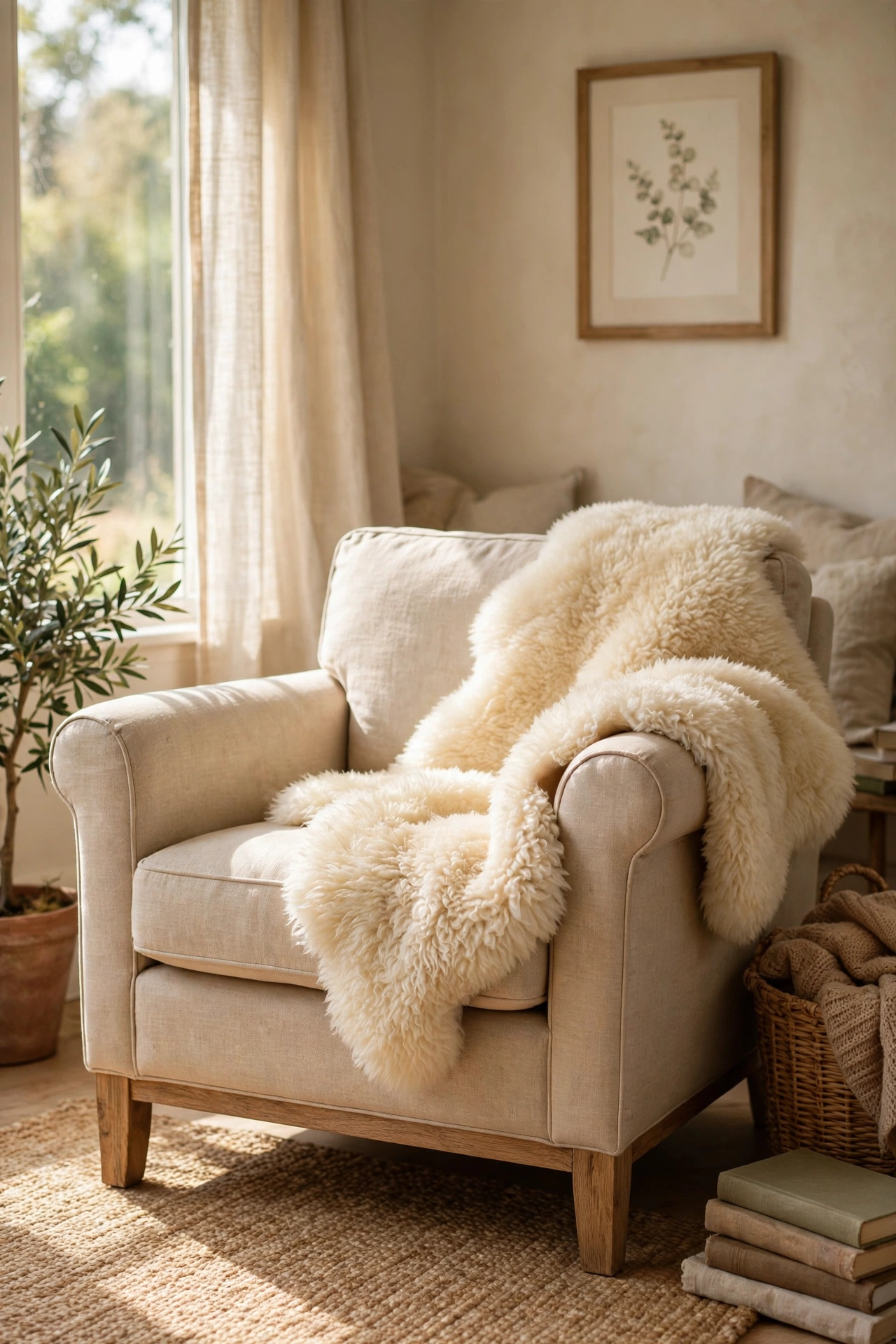 Faux sheepskin draped over an armchair in a beige living room