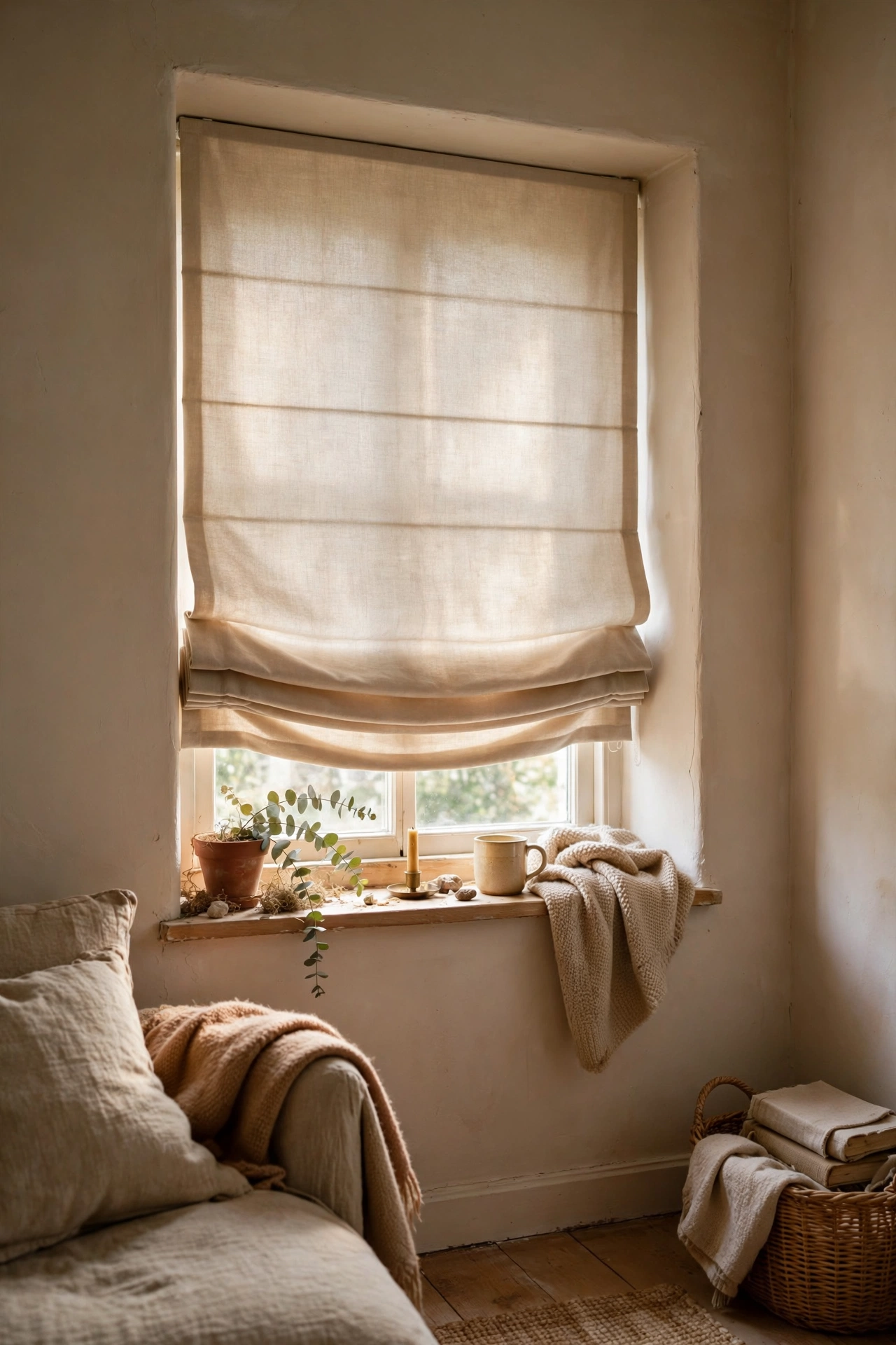 Beige roman blinds fitted in small living room windows
