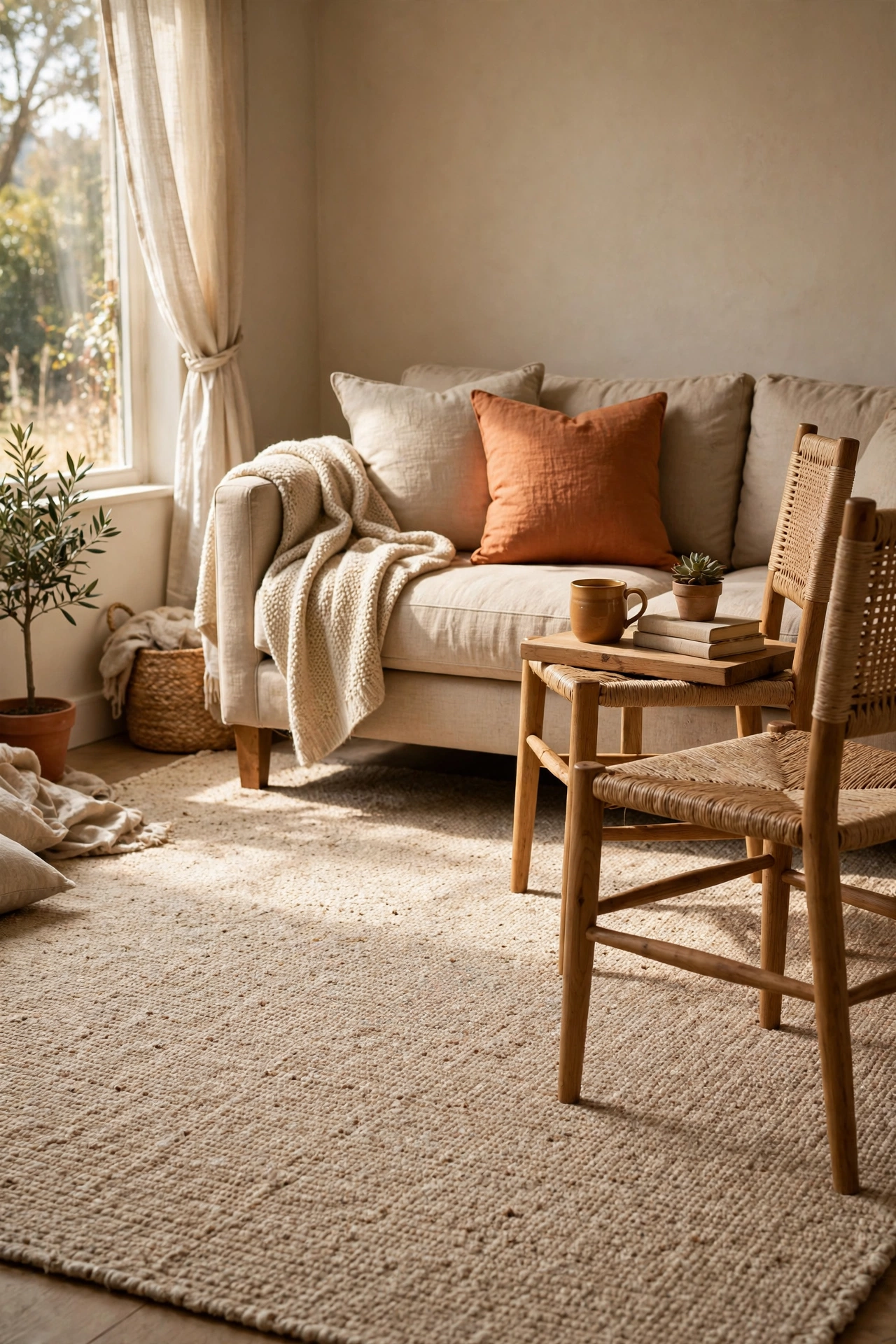 Low-pile oatmeal rug in a small beige living room