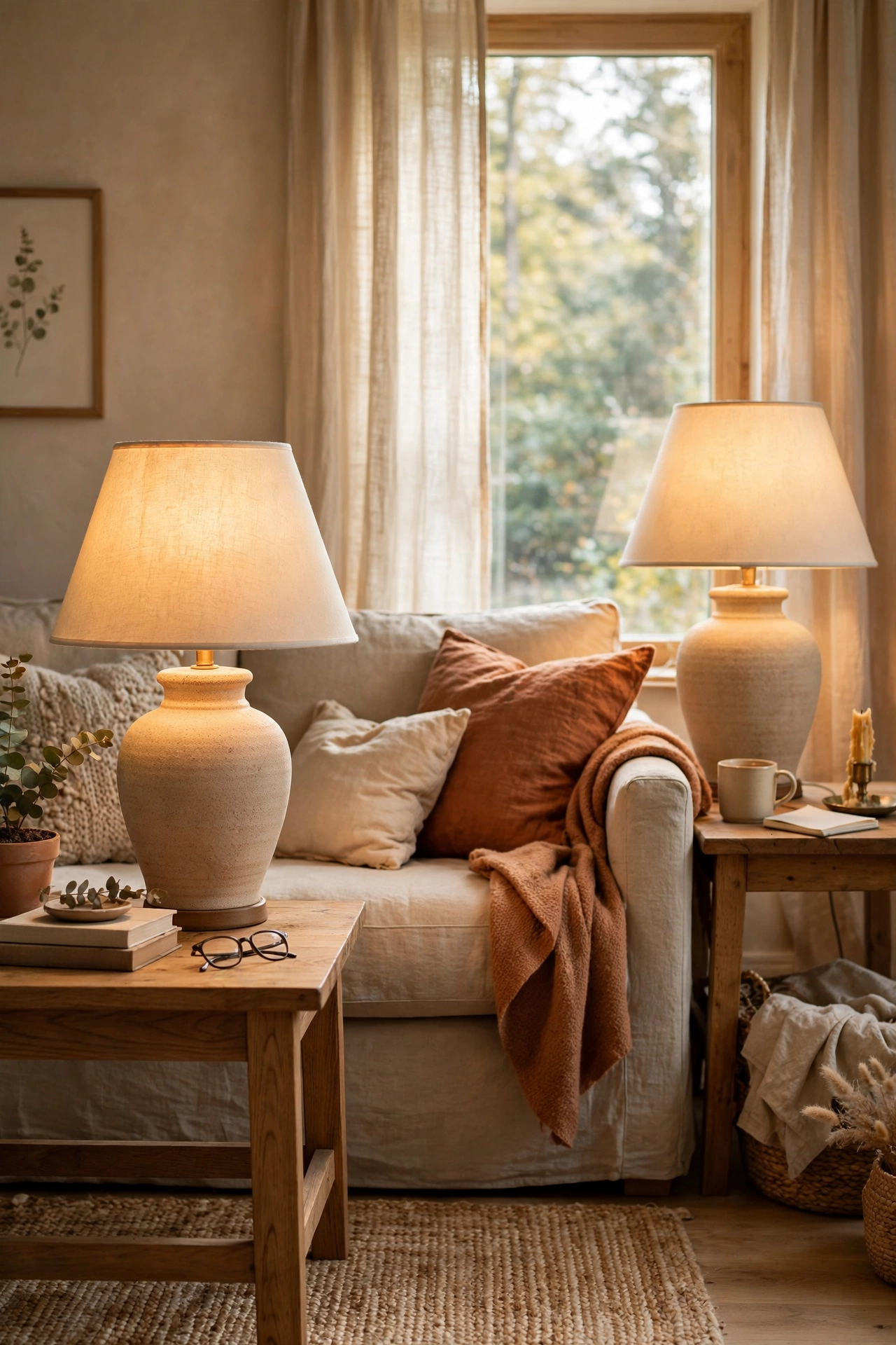 Pair of sand-coloured ceramic table lamps flanking a beige sofa