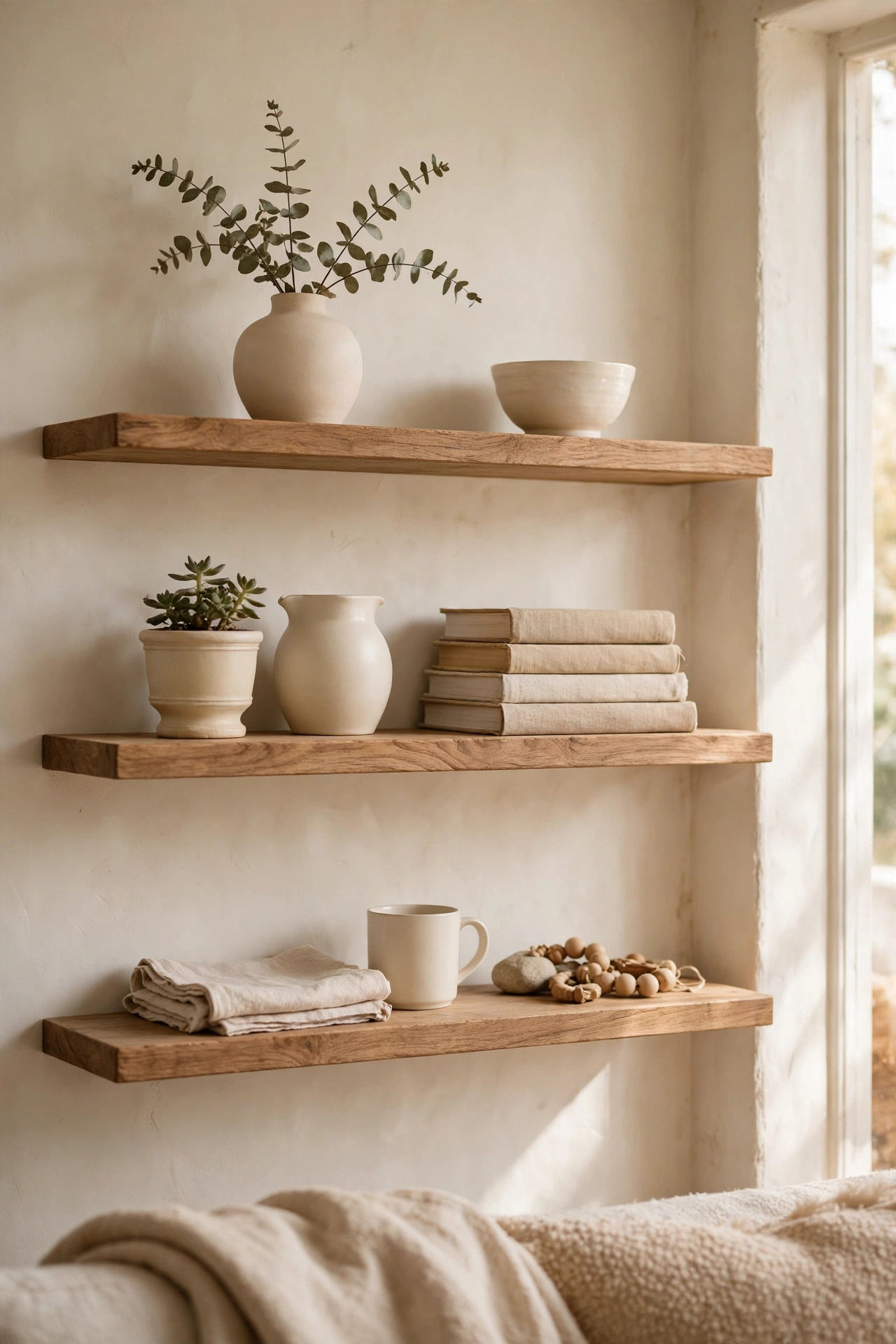 Open living room shelves styled with cream ceramics and beige books