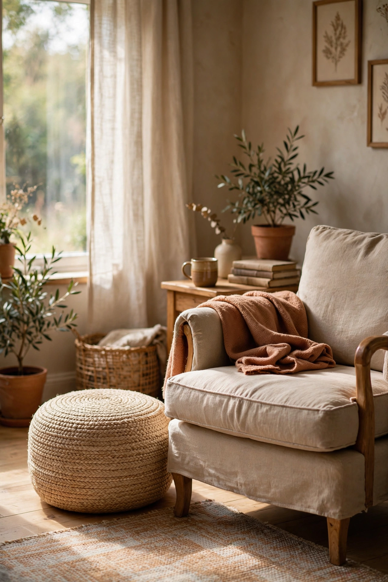 Round beige woven pouf beside an armchair in a living room