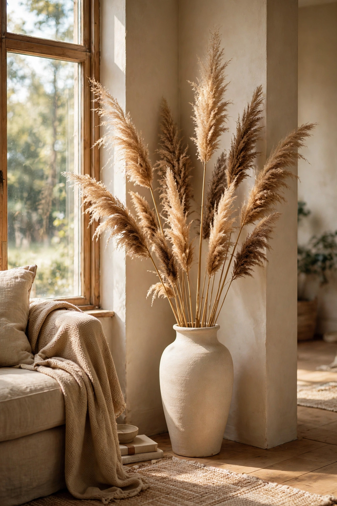 Dried pampas grass in a tall ceramic vase in a living room corner