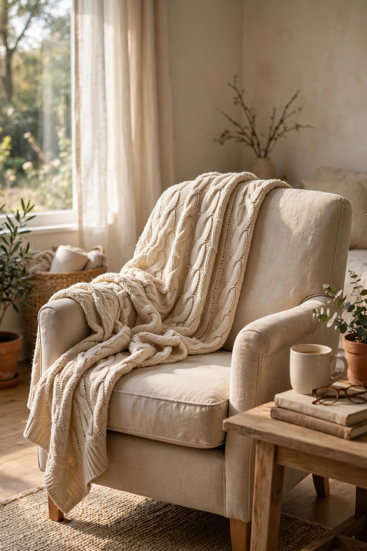 Oat milk knit throw draped over a beige reading chair