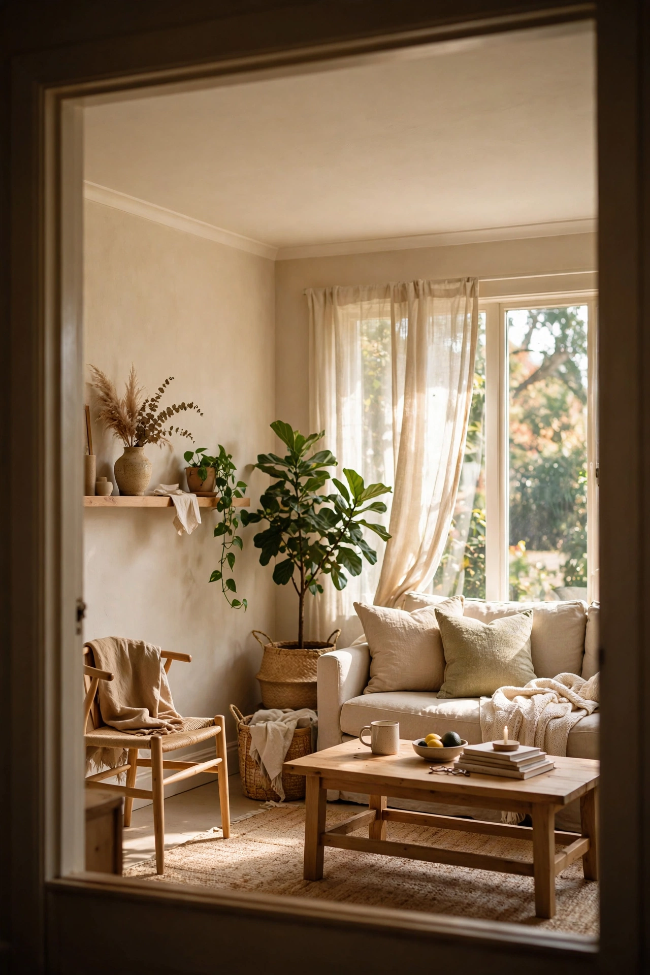 Beige living room with ceiling painted warm white