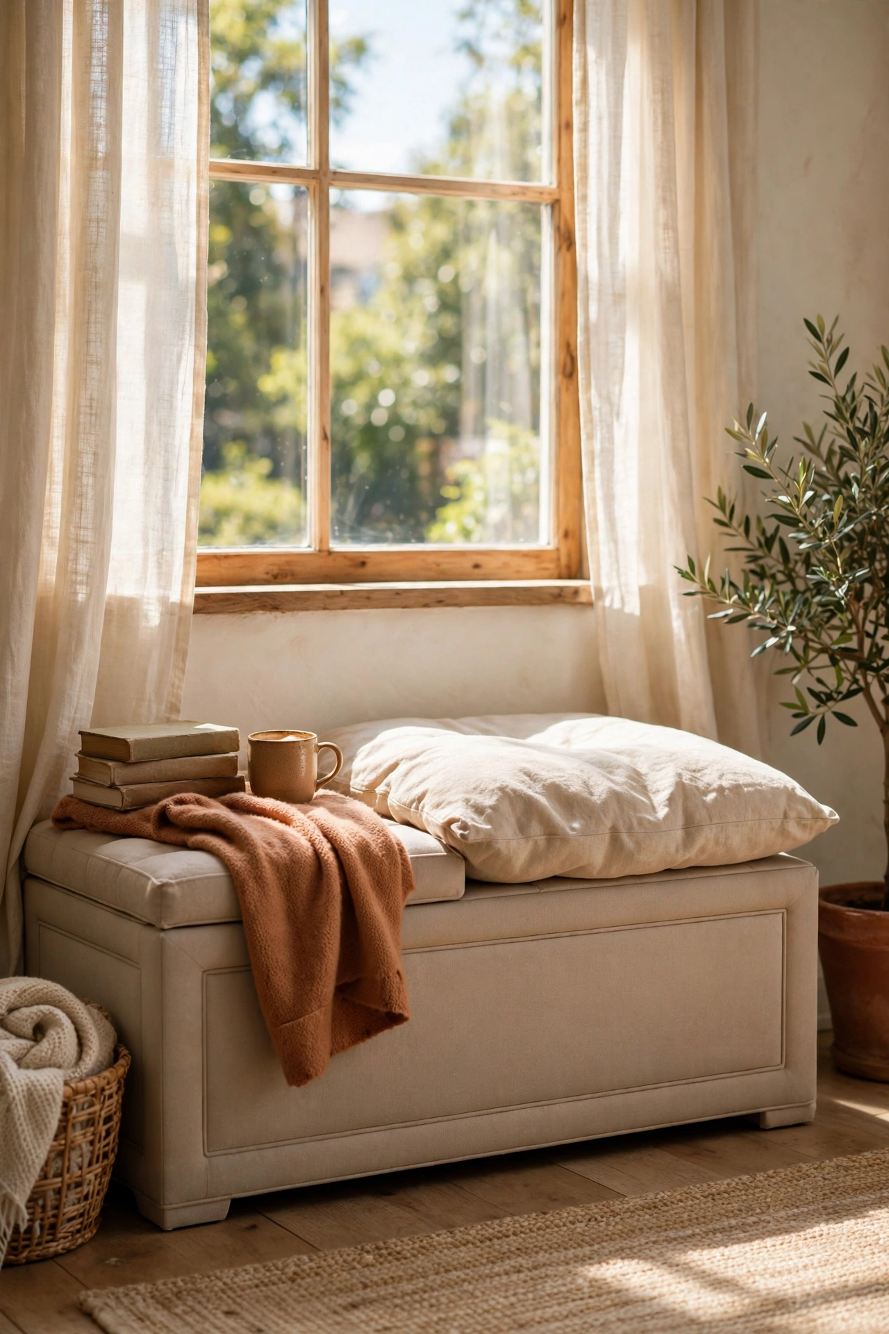Beige upholstered storage bench under a living room window