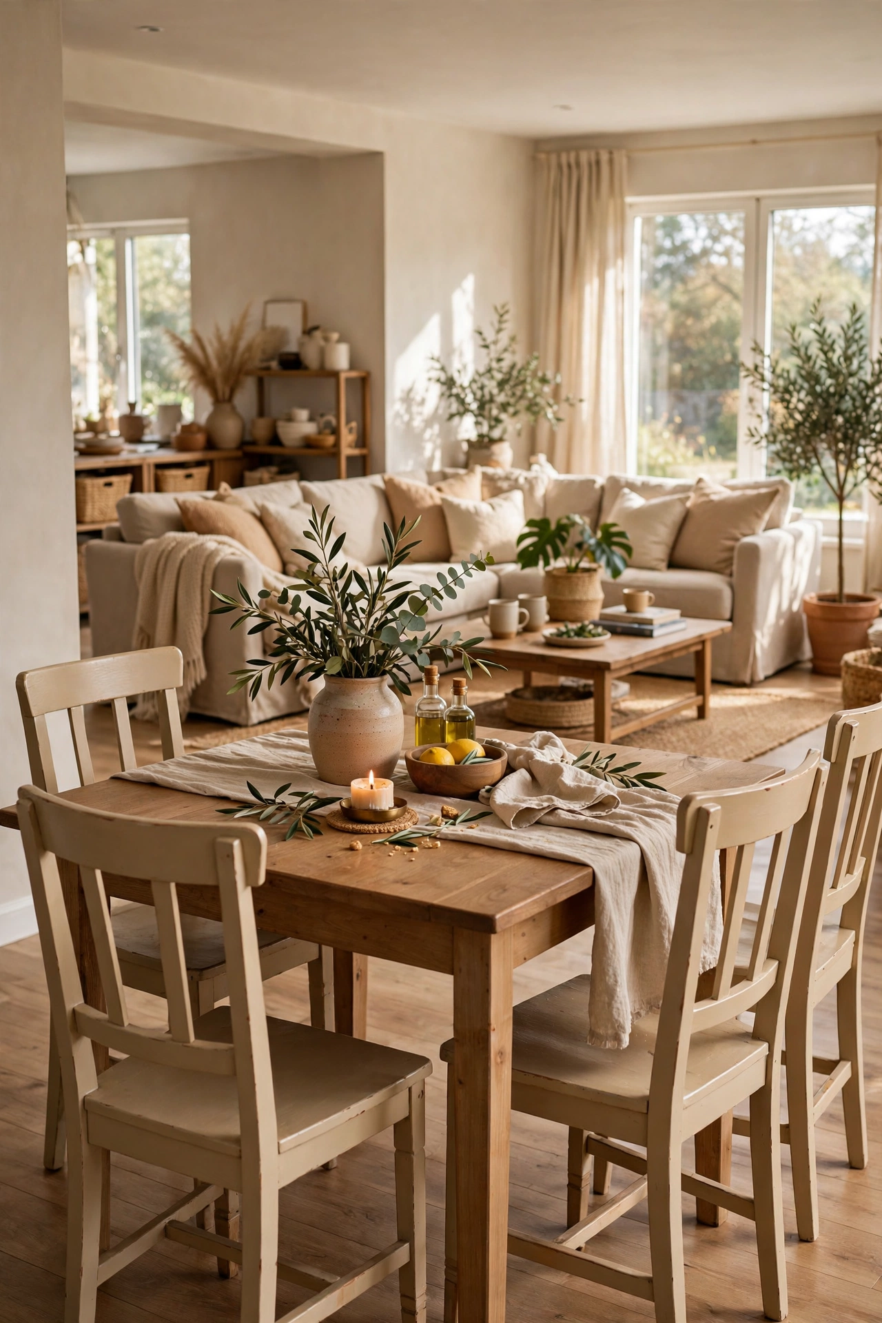 Beige painted dining chairs at a table in an open-plan living space