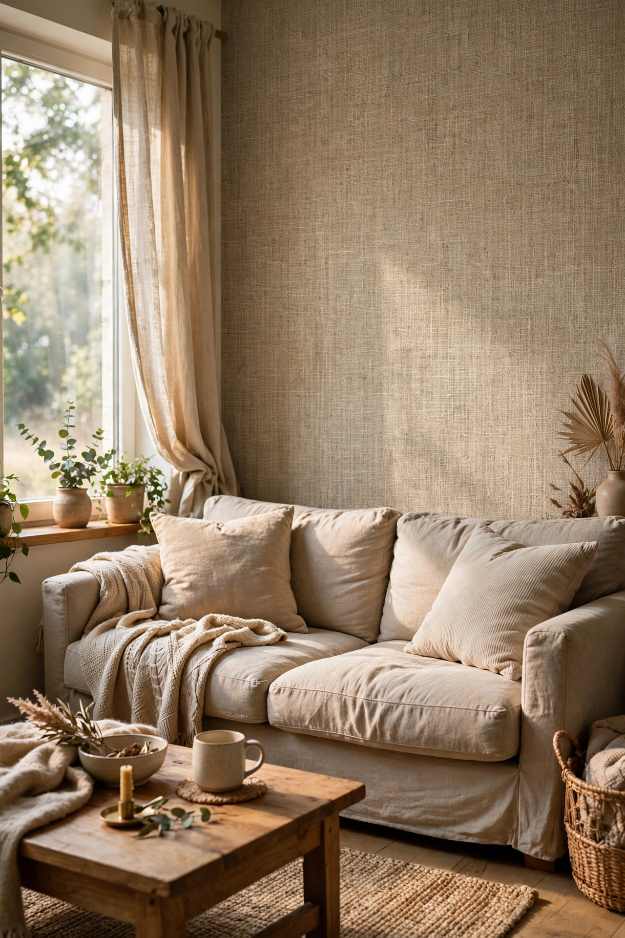 Textured beige wallpaper accent wall behind a sofa