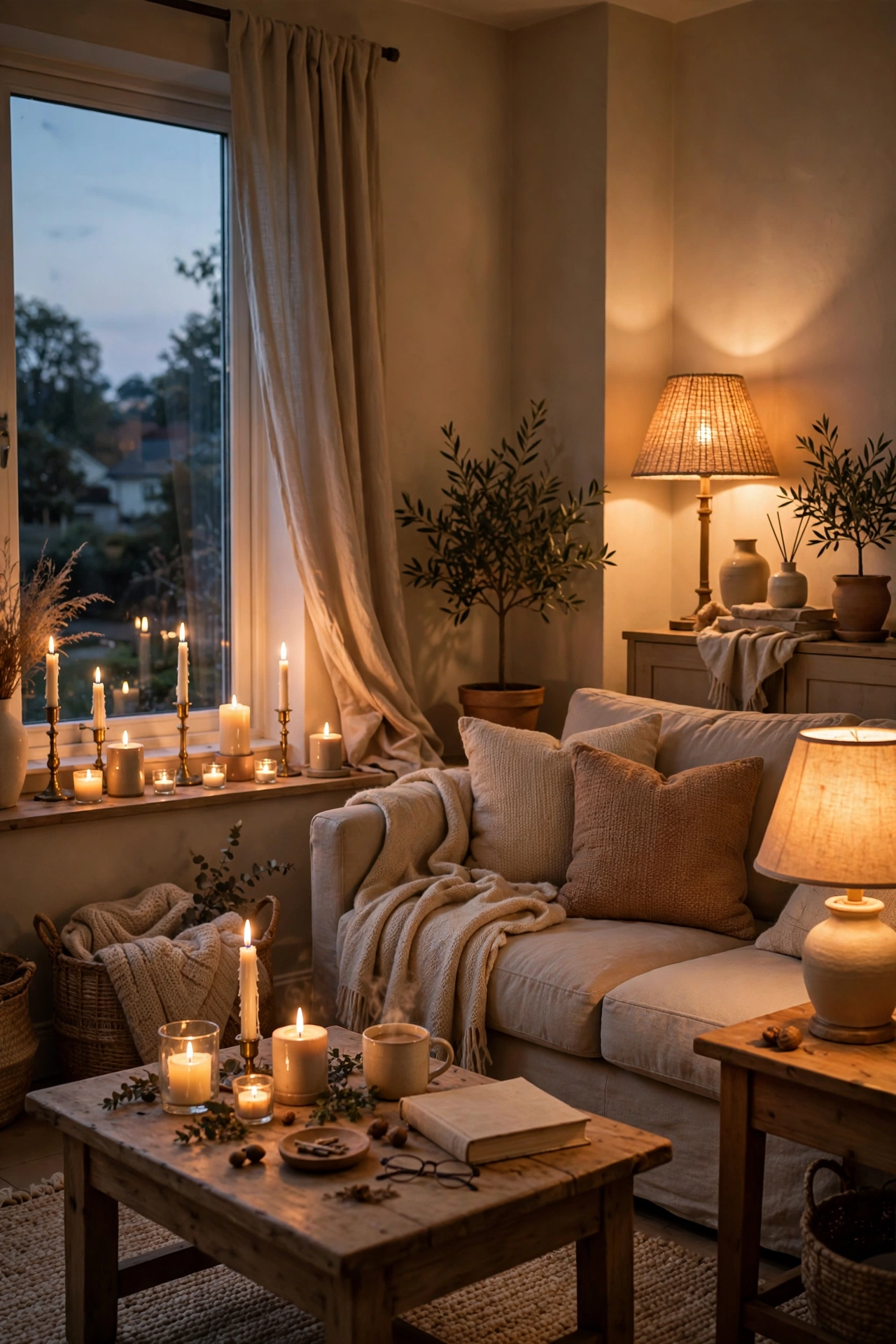 Beige living room glowing with candles and warm lamplight in the evening