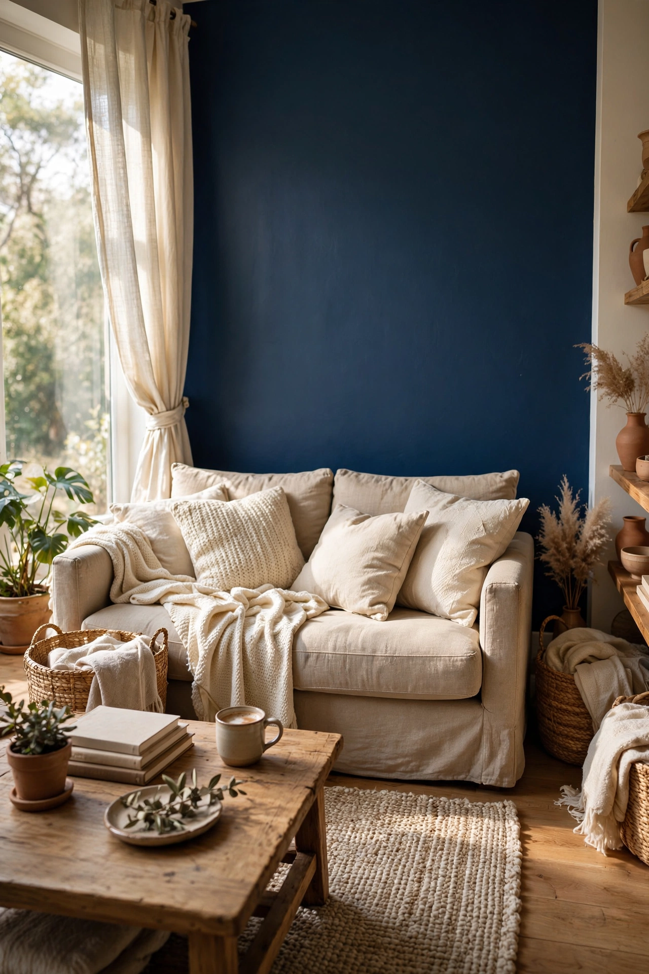 Living room with deep navy blue accent wall behind a beige sofa, budget navy decor idea