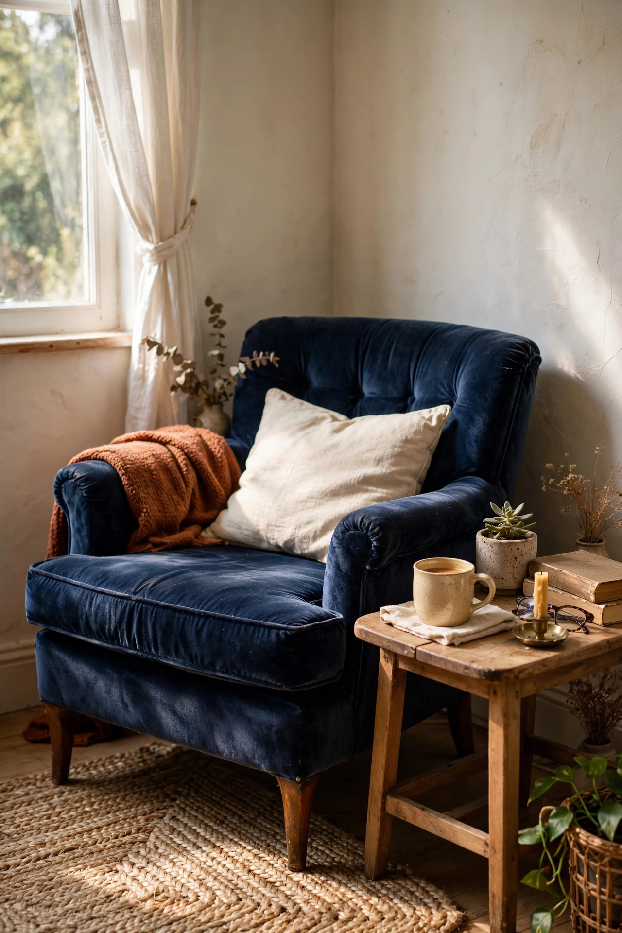 Thrifted navy velvet armchair styled with cream cushion in a budget living room