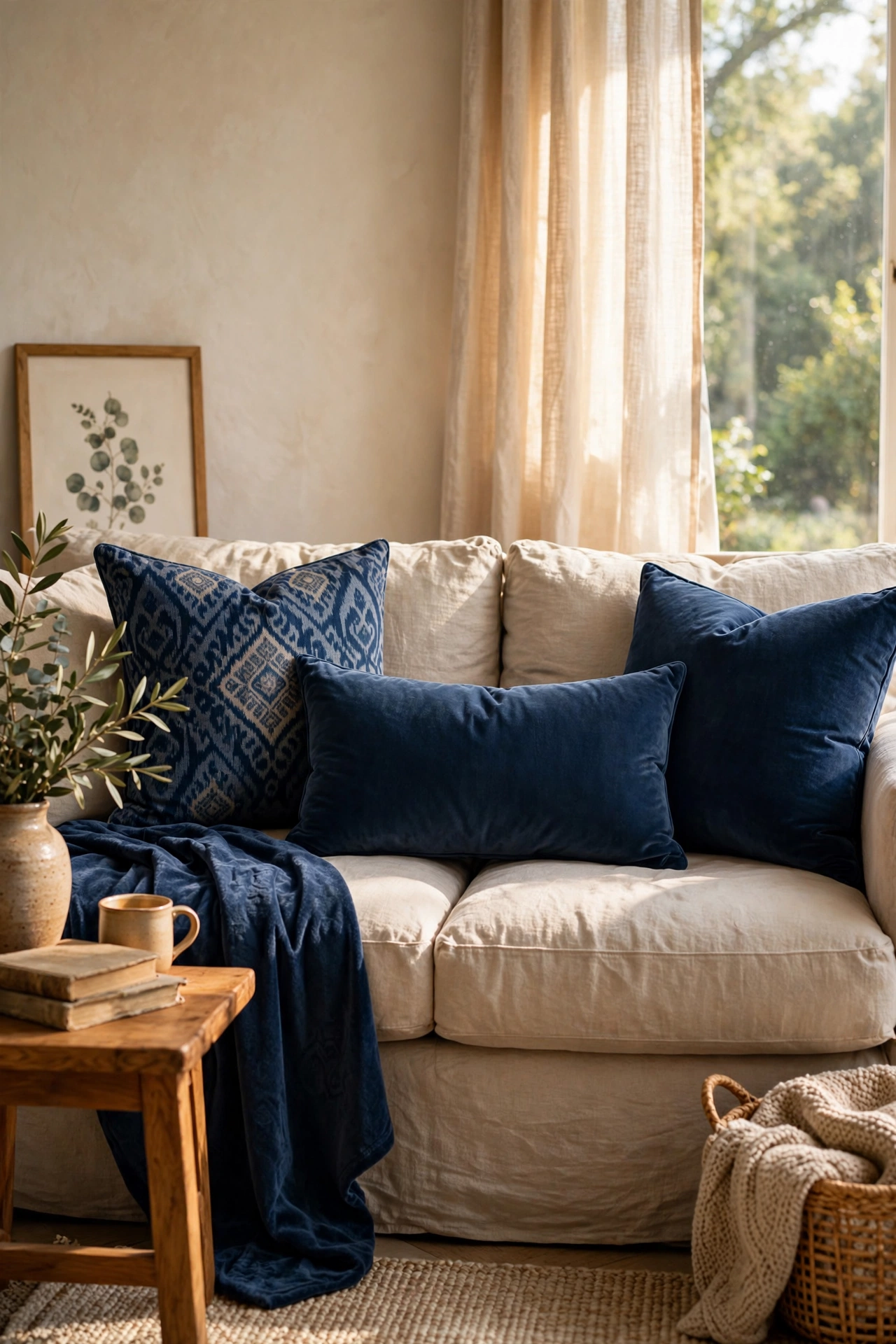 Neutral beige sofa layered with navy blue throw pillows in mixed textures
