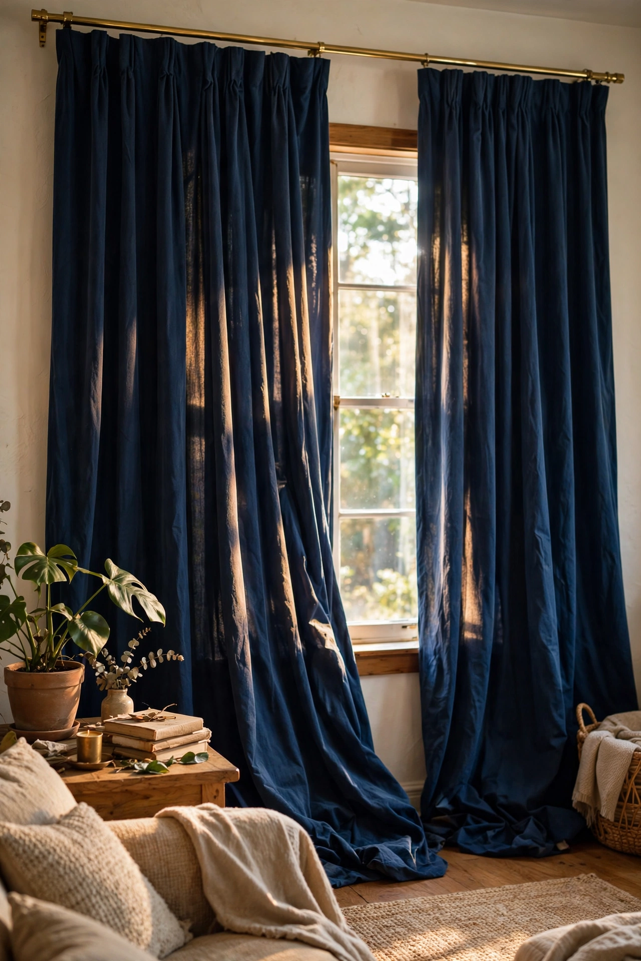 Room-darkening navy blue curtains hung high and wide on a living room window