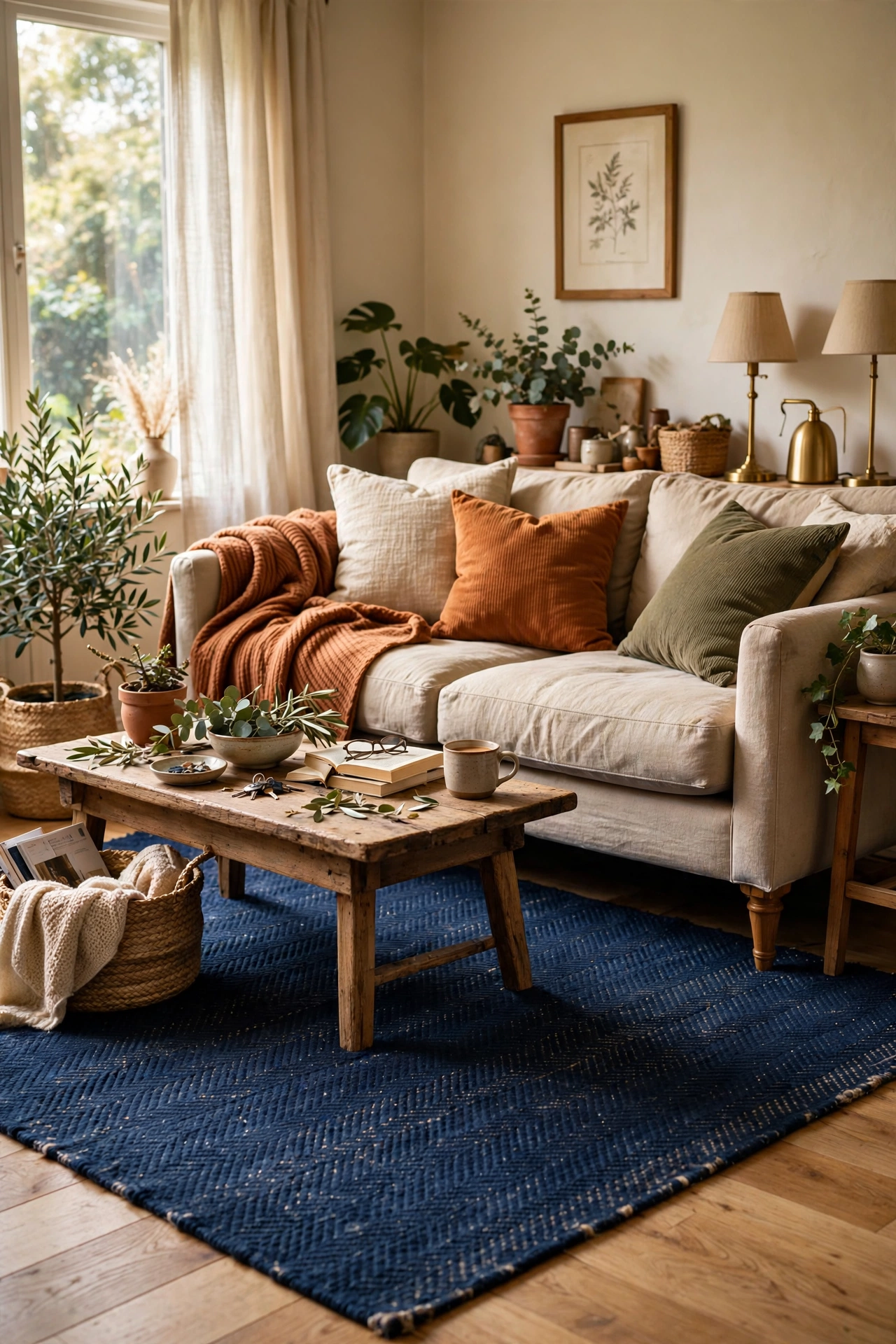 Deep navy area rug anchoring a budget living room seating area under the sofa