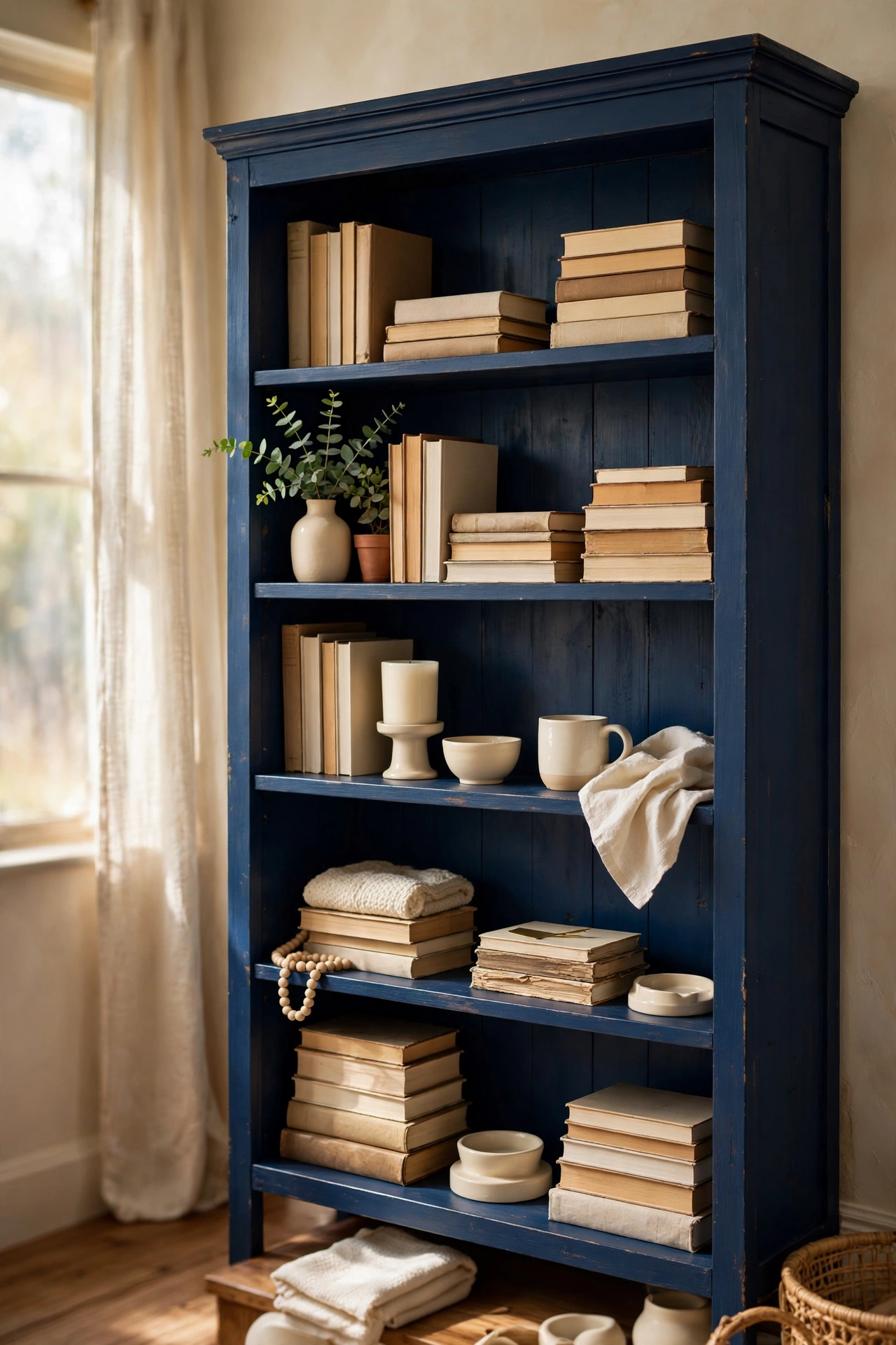 Wooden bookshelf painted deep navy blue styled with books and a plant