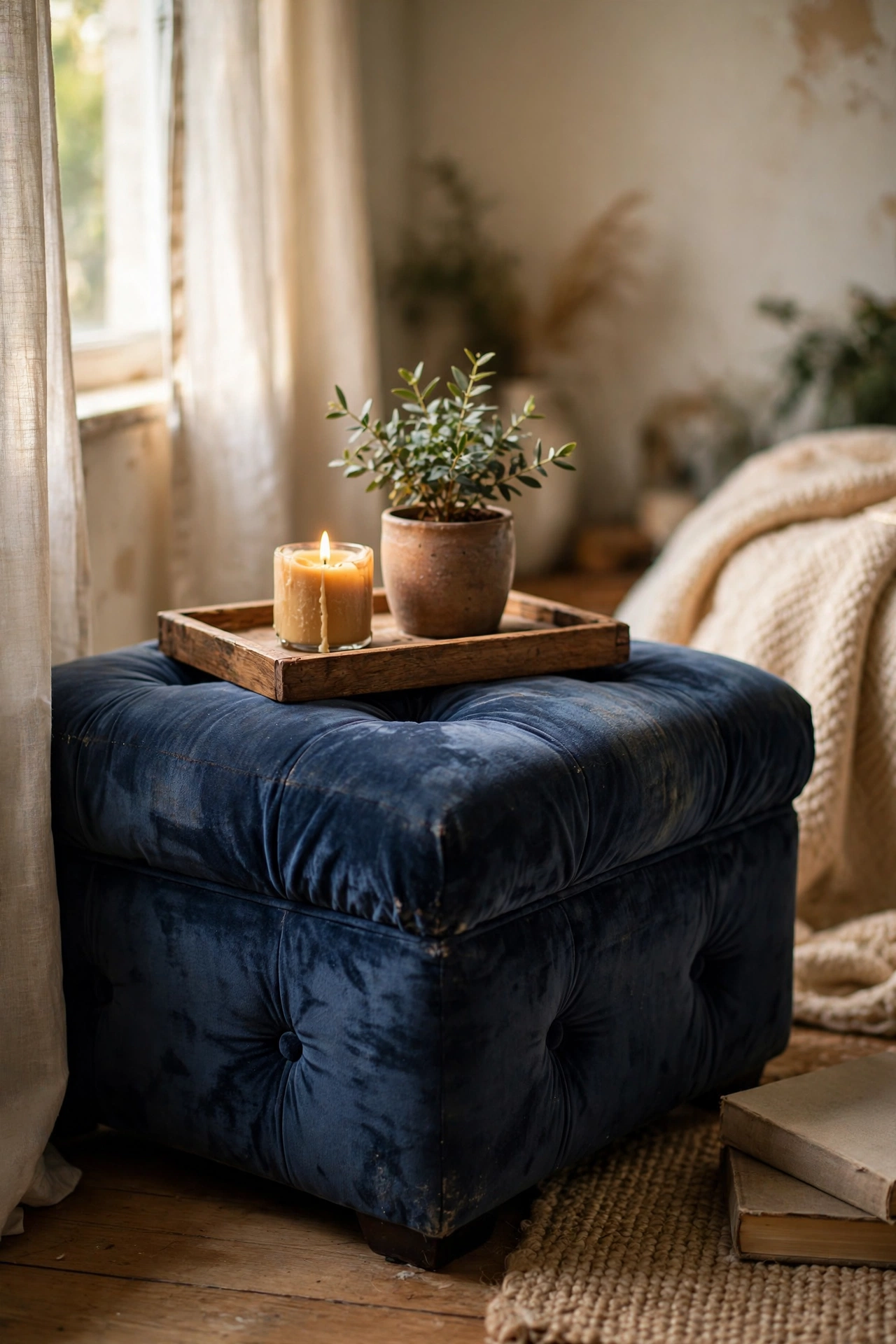 Secondhand navy ottoman with wooden tray holding a candle in a living room
