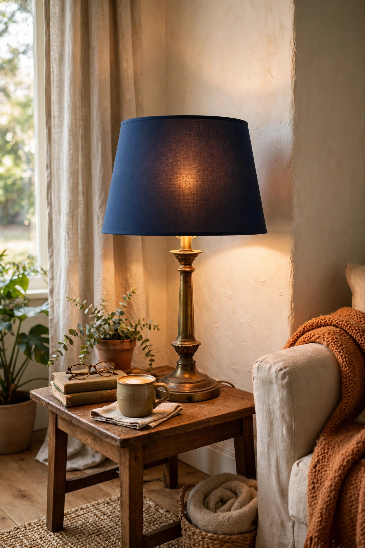 Table lamp with new navy blue drum shade glowing warmly in living room corner