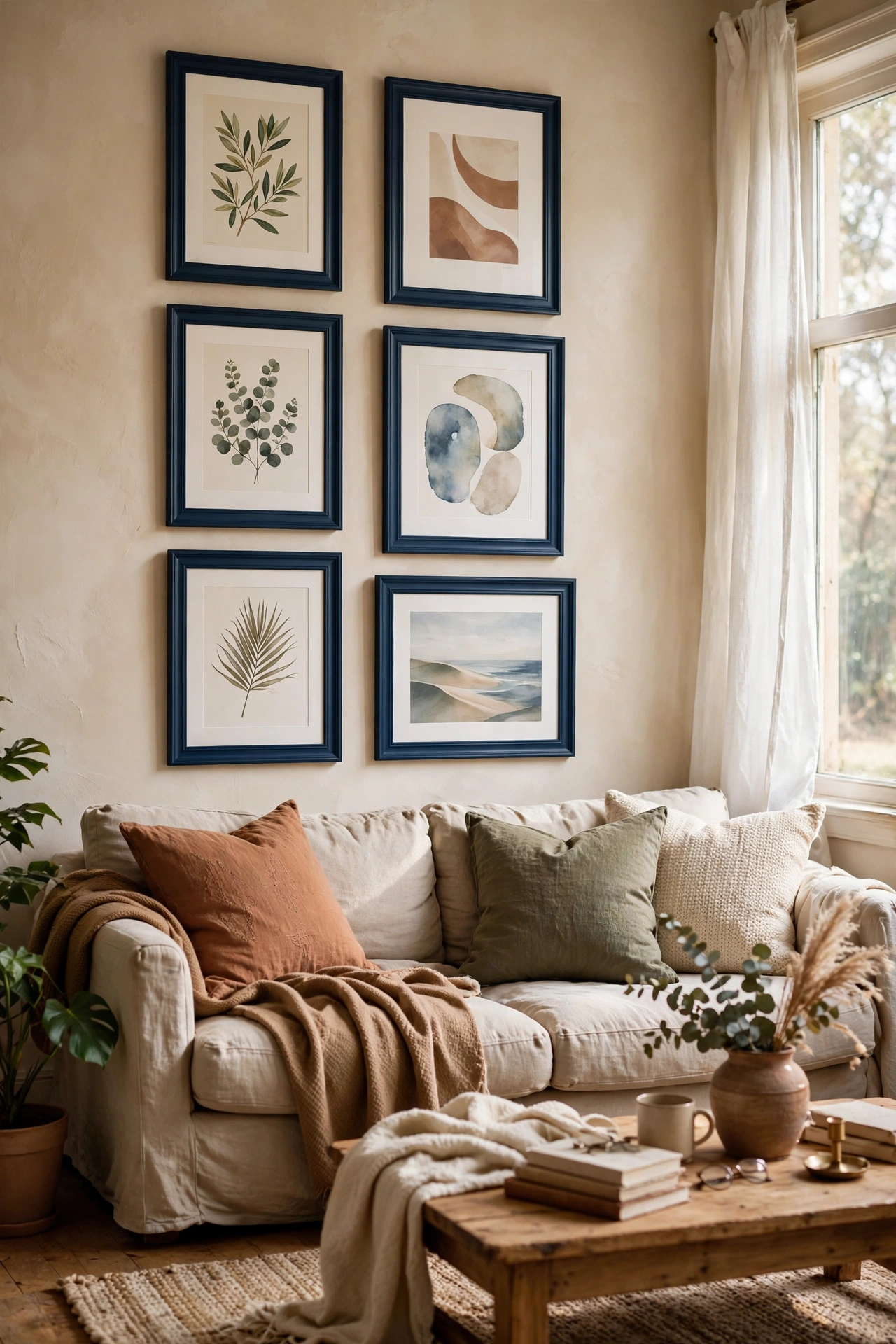 Gallery wall of art hung in matching navy blue frames above a living room sofa