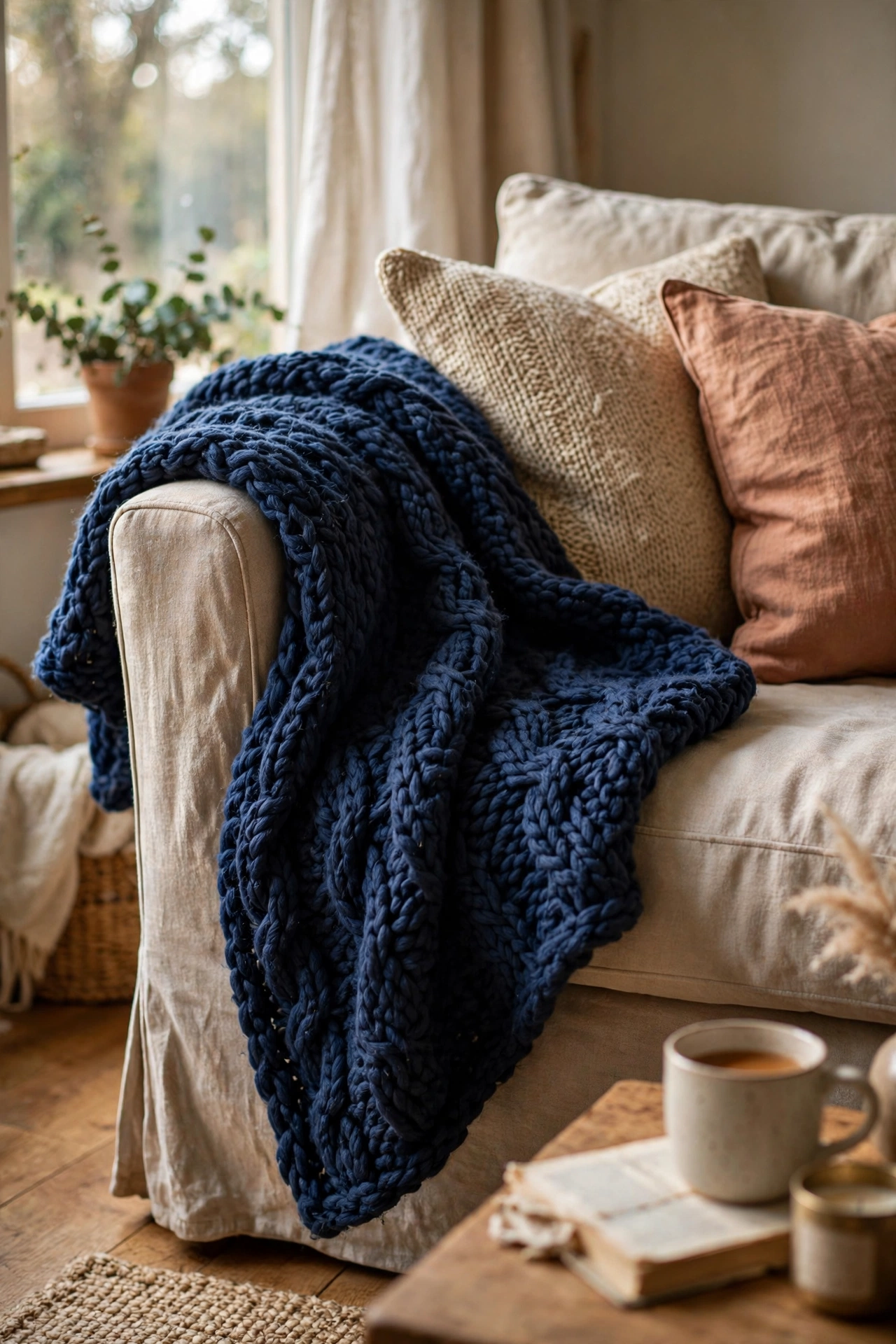 Chunky knit navy throw blanket draped over the armrest of a cozy sofa