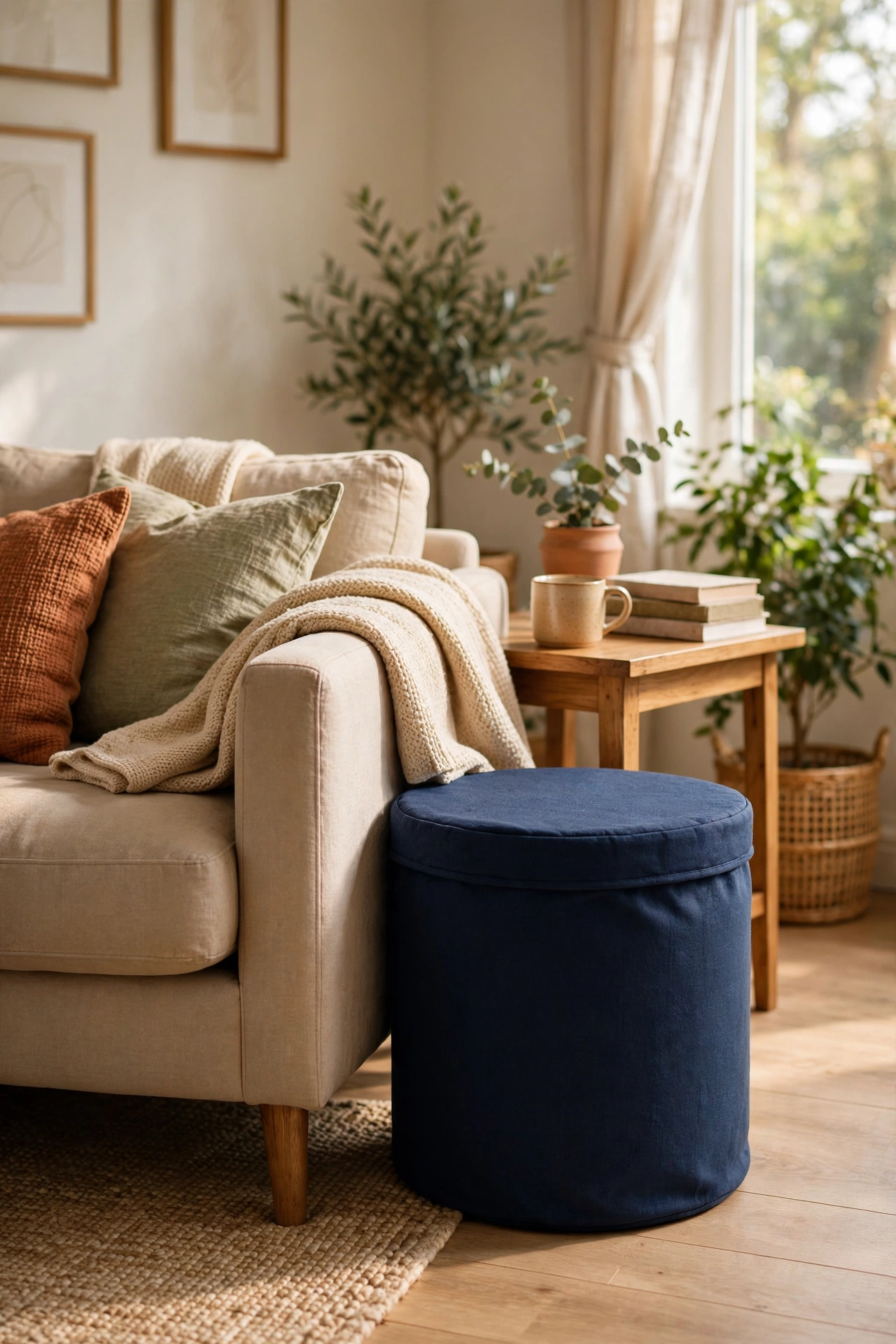 Navy storage pouf with lid hiding clutter beside a living room sofa