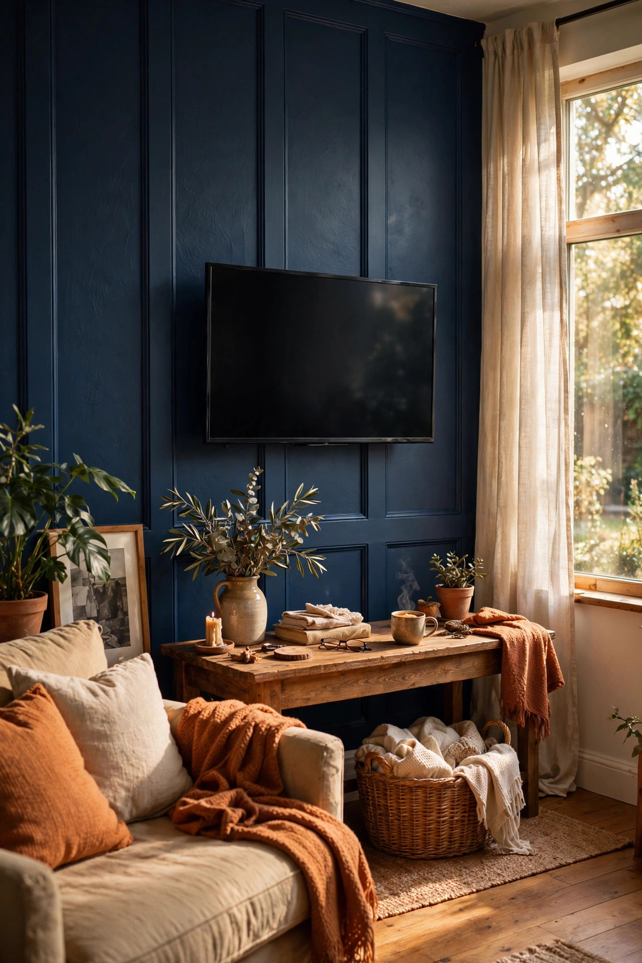 DIY board-and-batten feature wall painted deep navy blue behind a TV