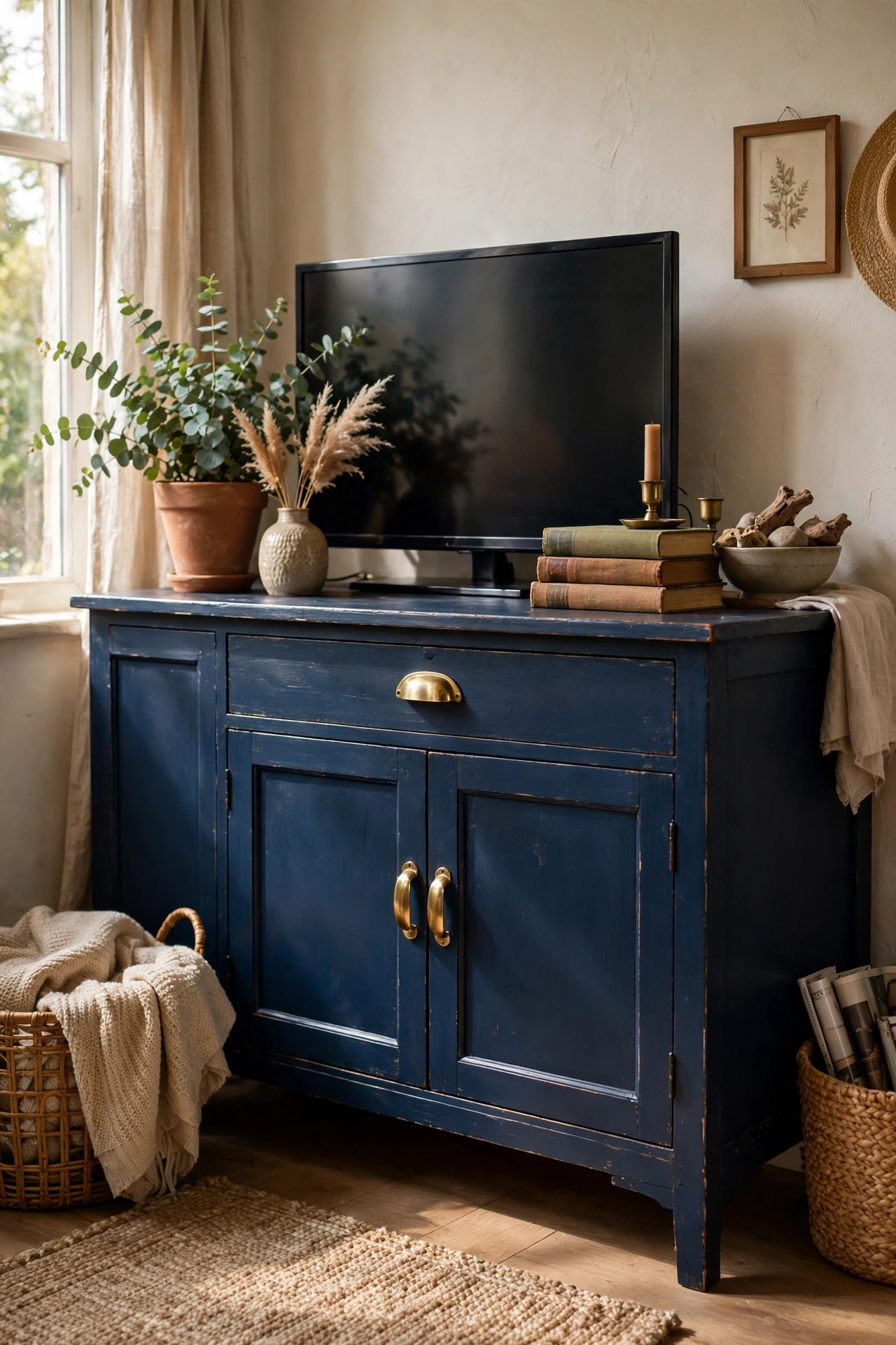 Thrifted wooden sideboard painted deep navy with new brass handles
