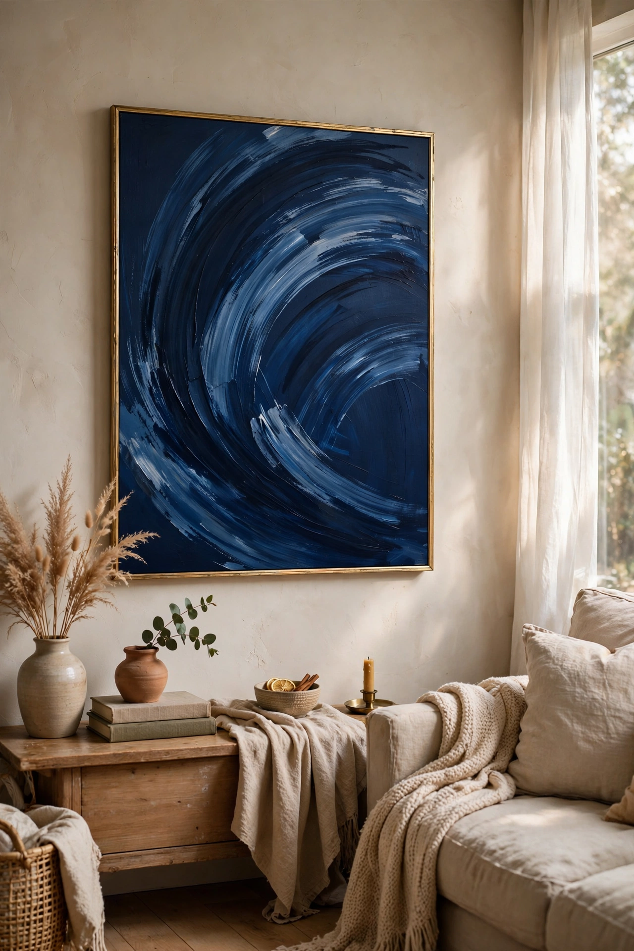 DIY navy abstract canvas art in a thin gold frame on a living room wall
