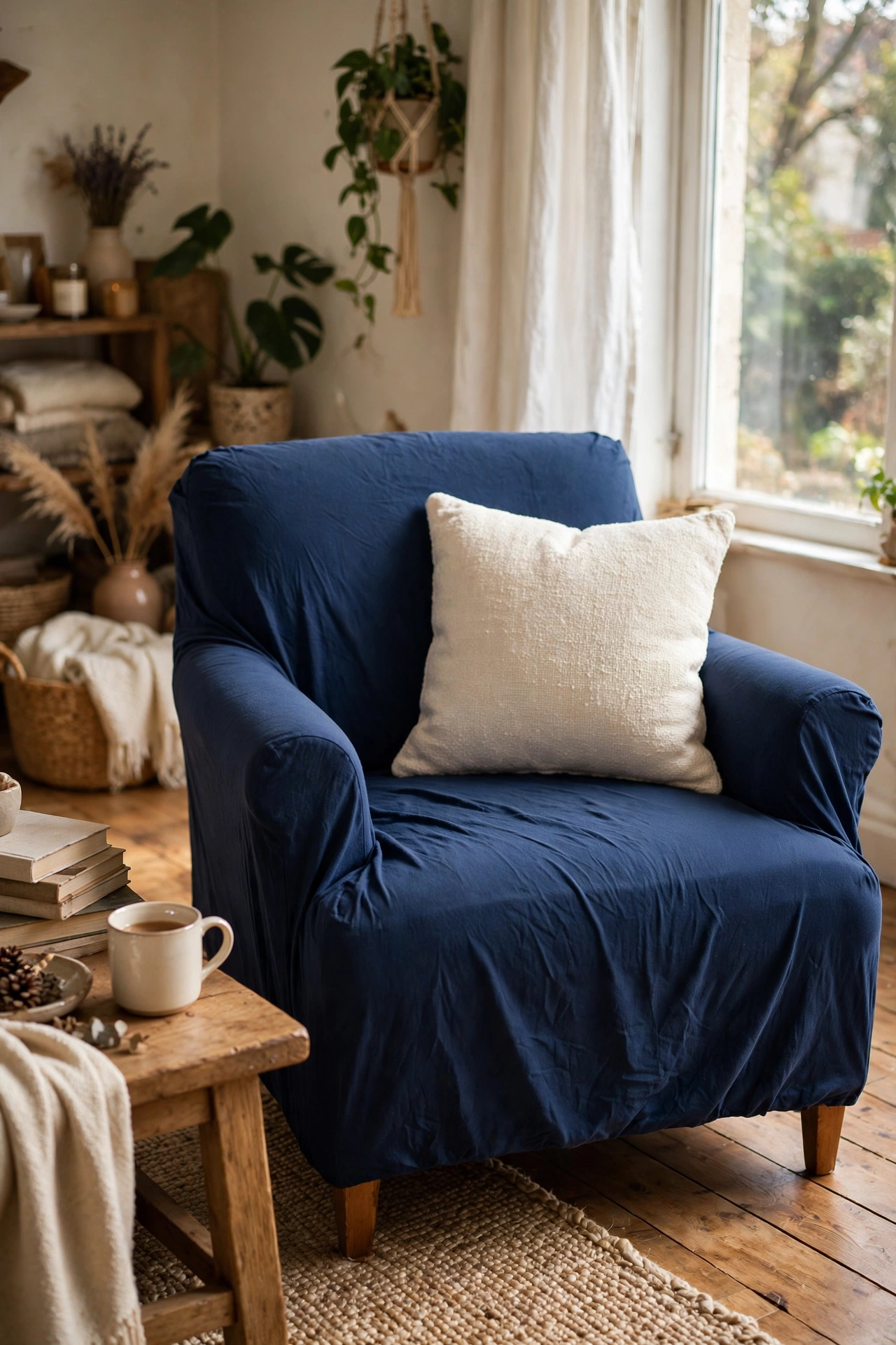 Armchair fitted with a stretch slipcover in navy blue with a contrast cushion