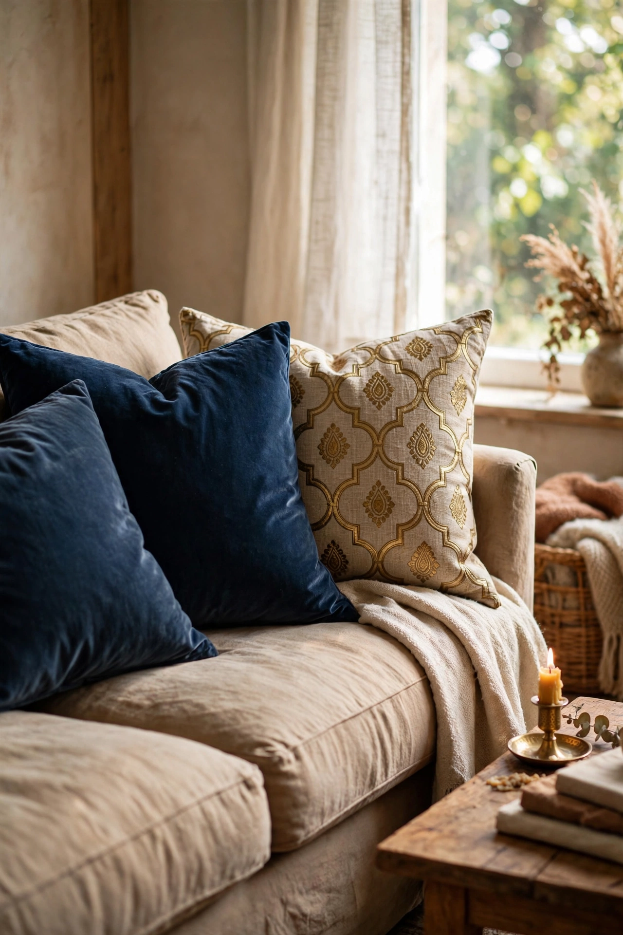 Sofa styled with navy and brass patterned pillows for a rich luxurious feel